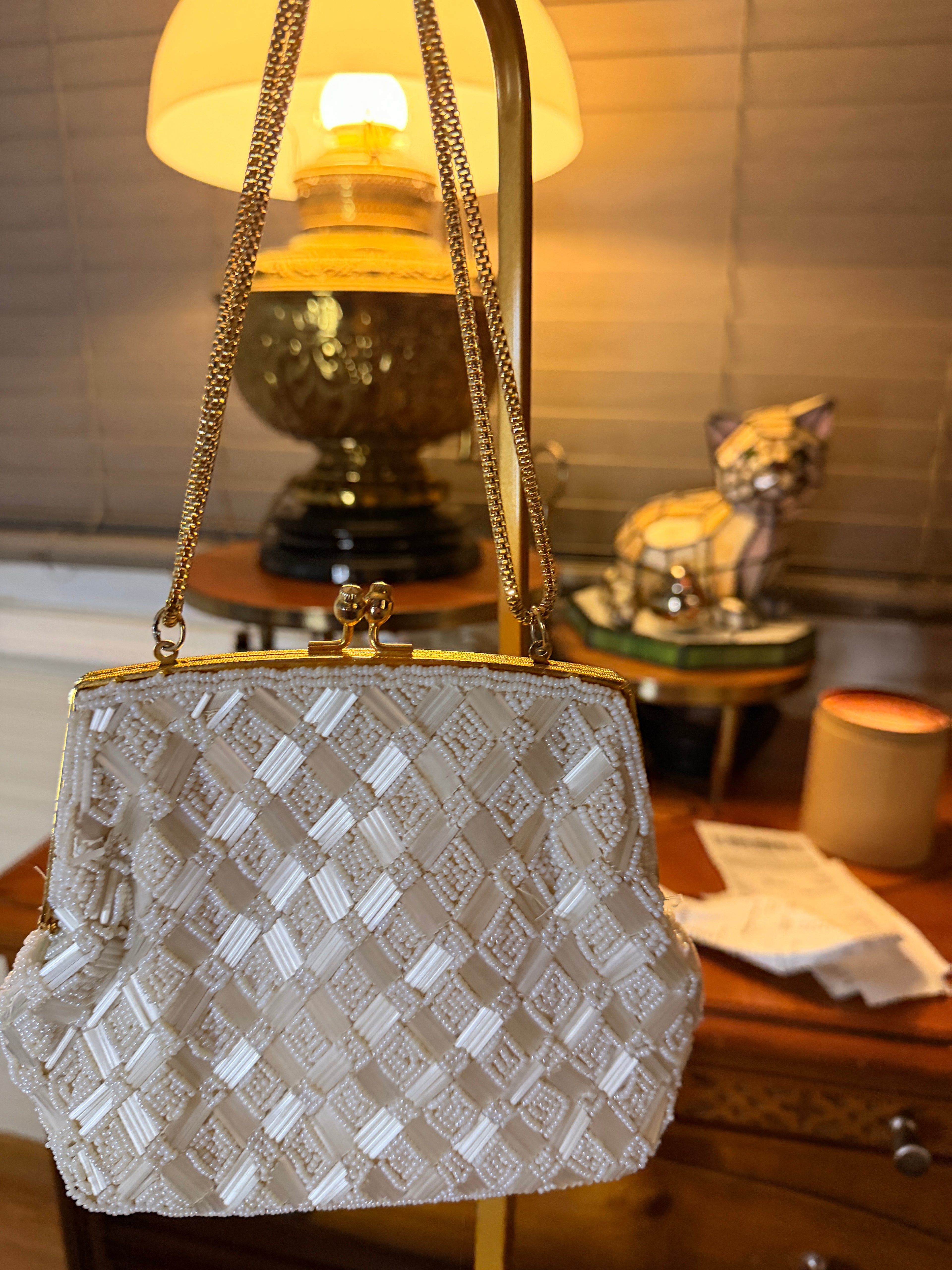 Vintage White Beaded Evening Bag Gold Chain Formal Handbag Bridal Purse