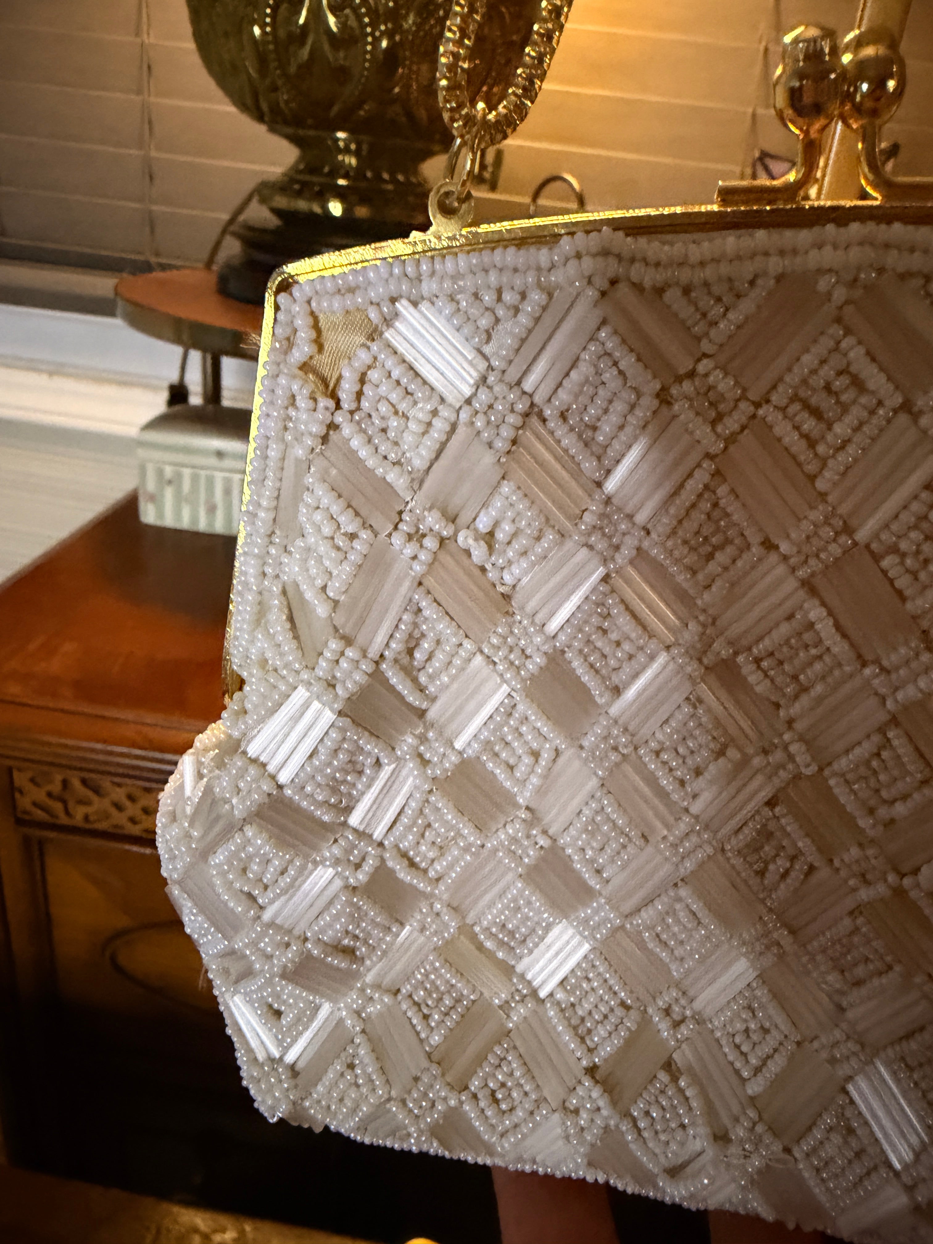 Vintage White Beaded Evening Bag Gold Chain Formal Handbag Bridal Purse