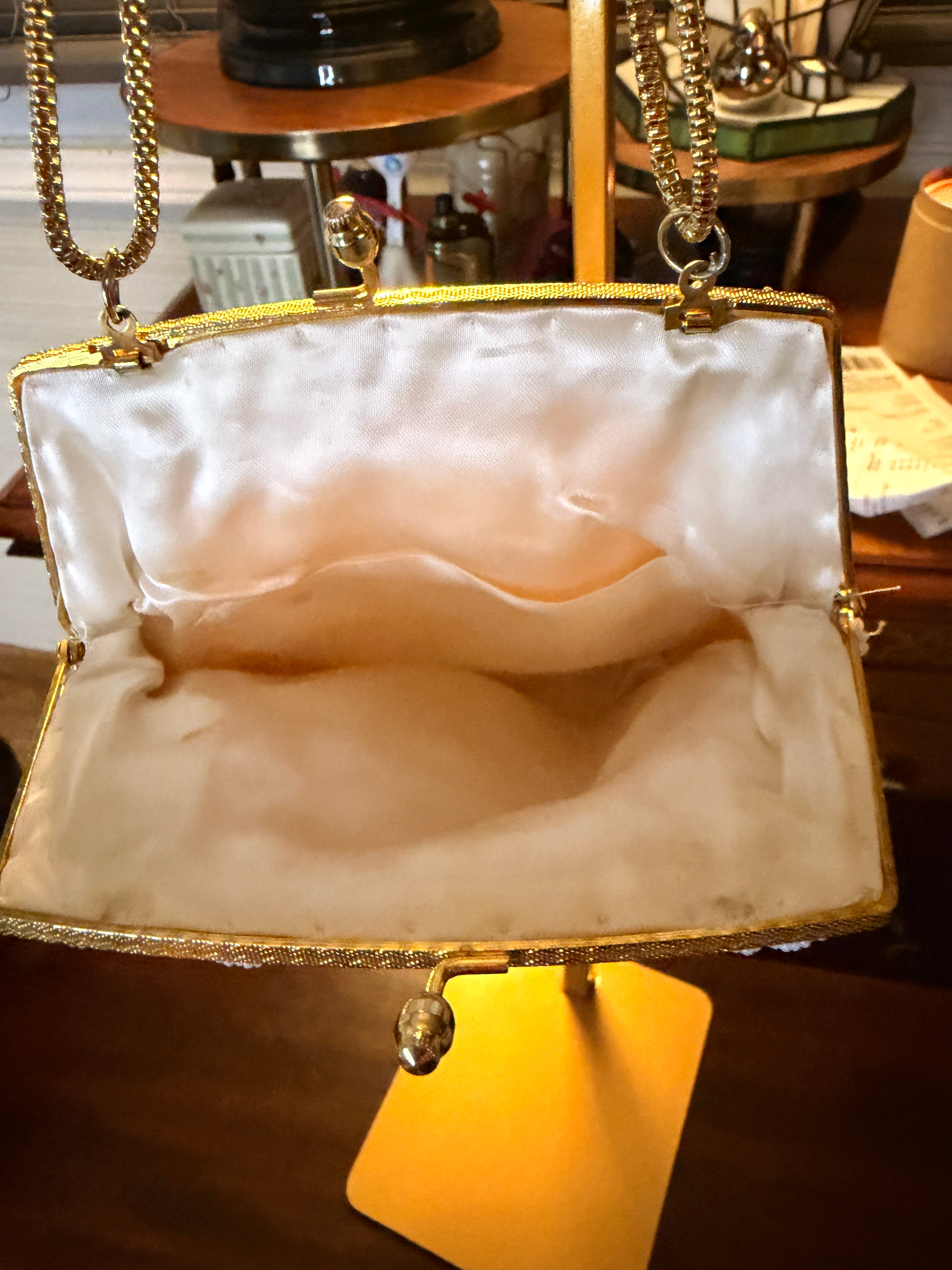 Vintage White Beaded Evening Bag Gold Chain Formal Handbag Bridal Purse