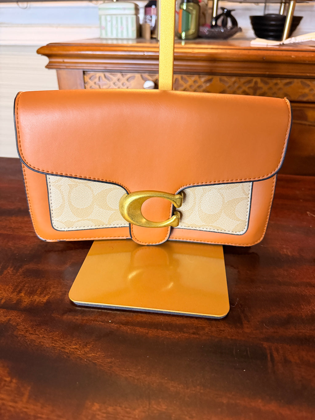 Authentic Coach Tabby Shoulder Bag Orange Leather Signature Canvas Brass Hardware No Strap