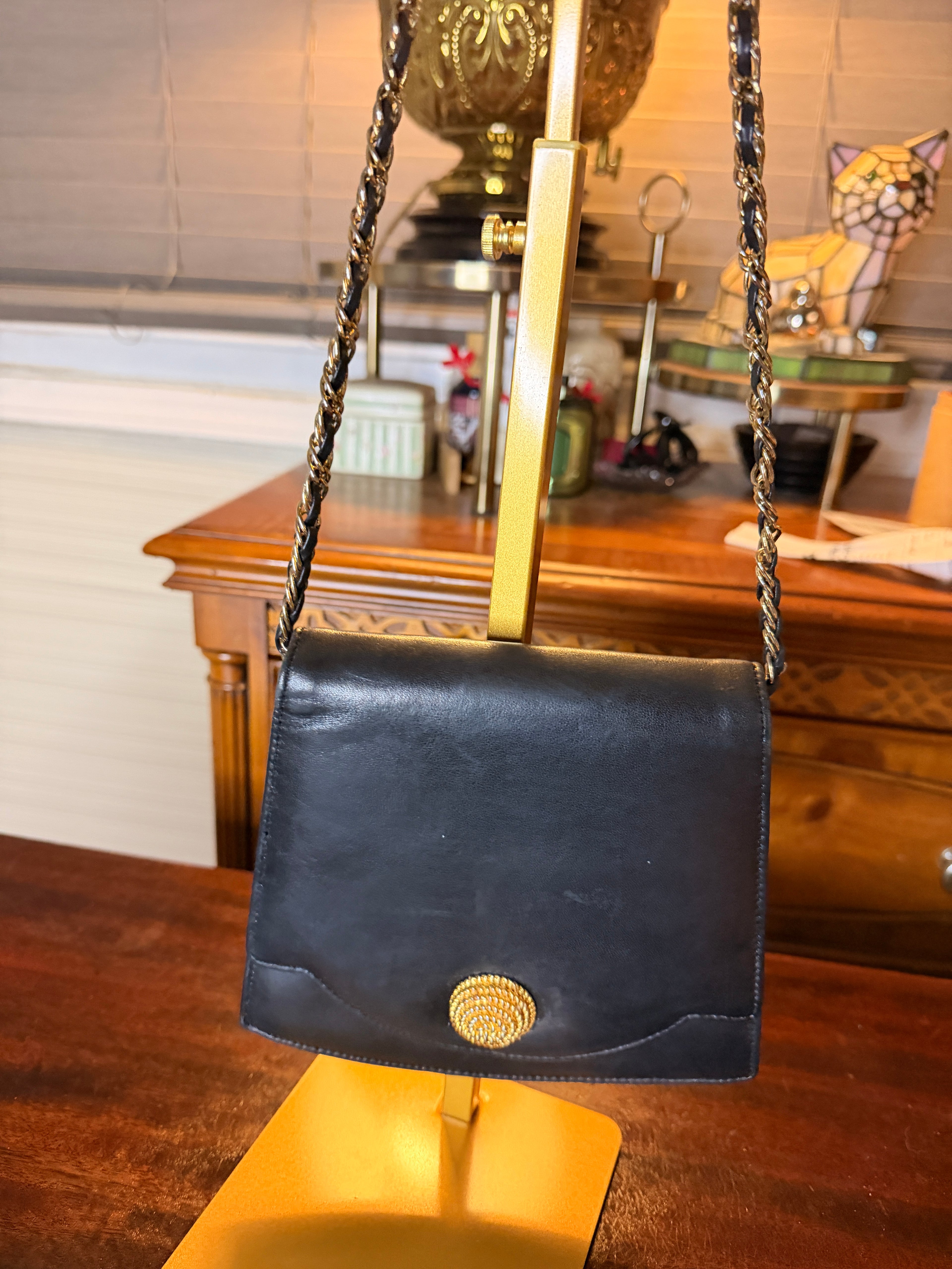 Vintage Monet Black Leather Evening Bag Gold Chain Shoulder Purse