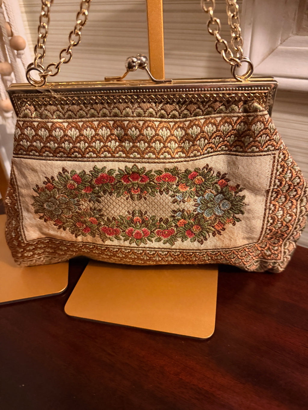 Vintage Italian Floral Tapestry Handbag Kiss Lock Purse Made in Italy