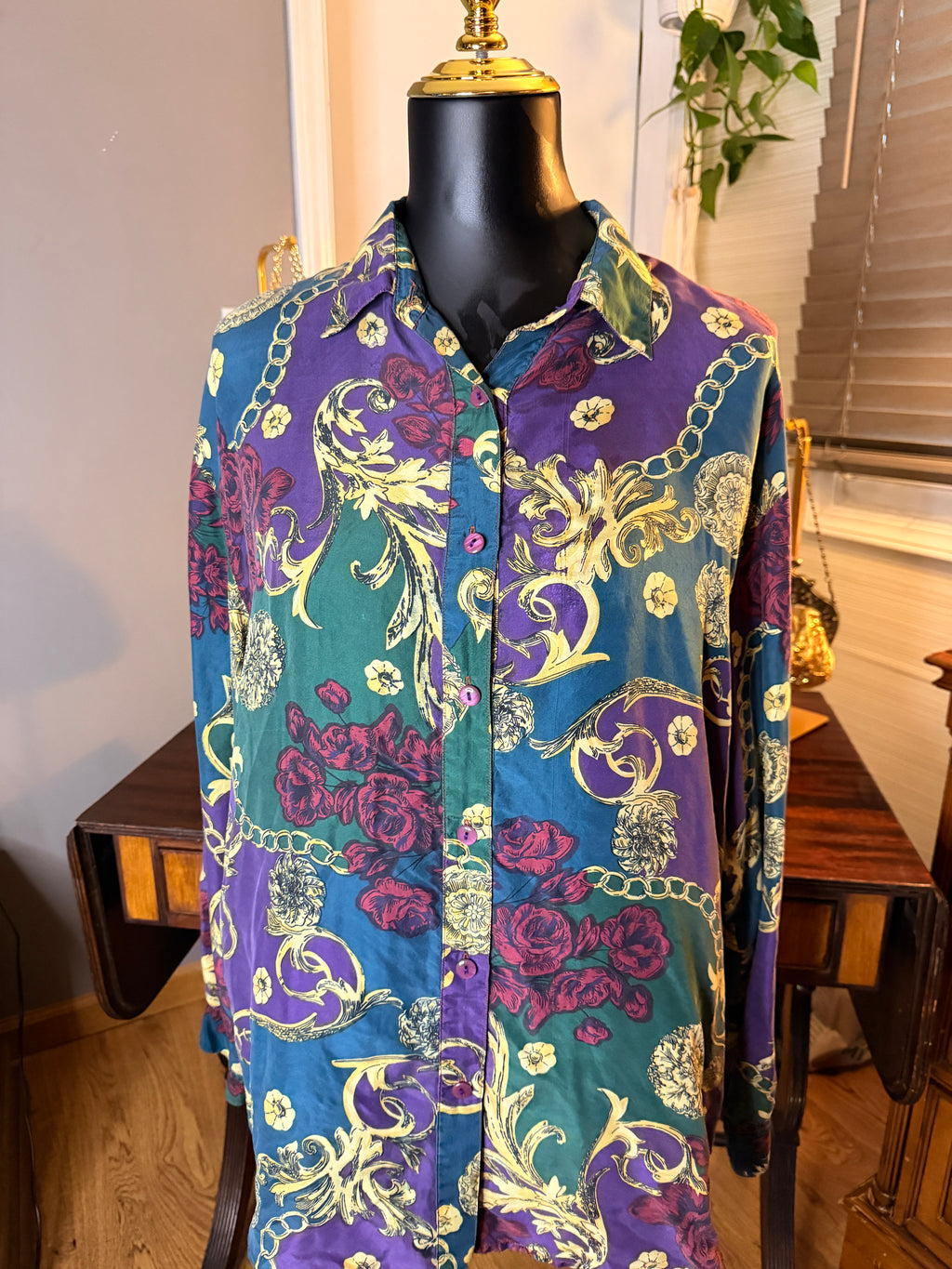 Vintage Maggie Lawrence Collection 100% Silk Floral Baroque Button Front Blouse Women's Large