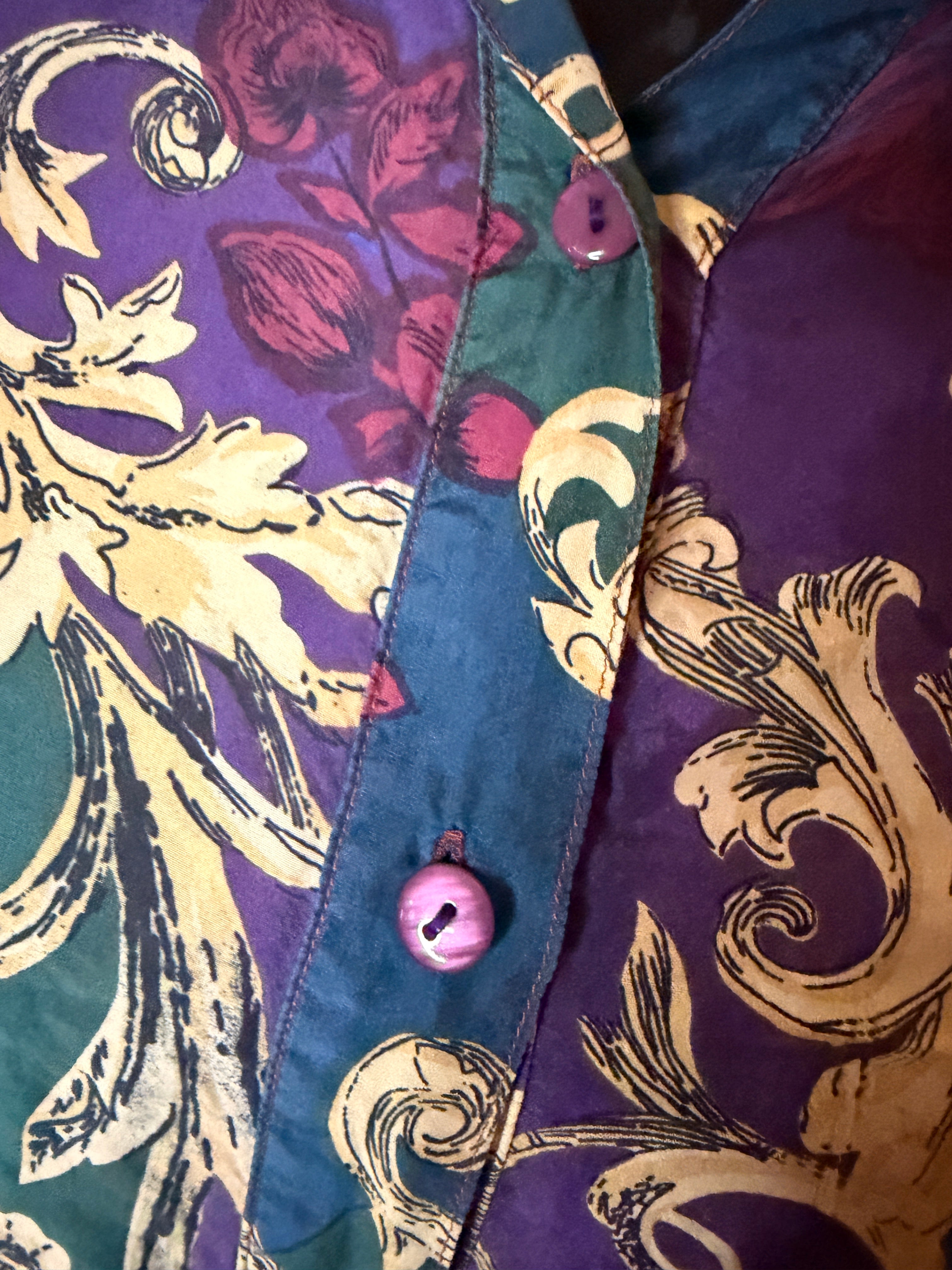 Vintage Maggie Lawrence Collection 100% Silk Floral Baroque Button Front Blouse Women's Large