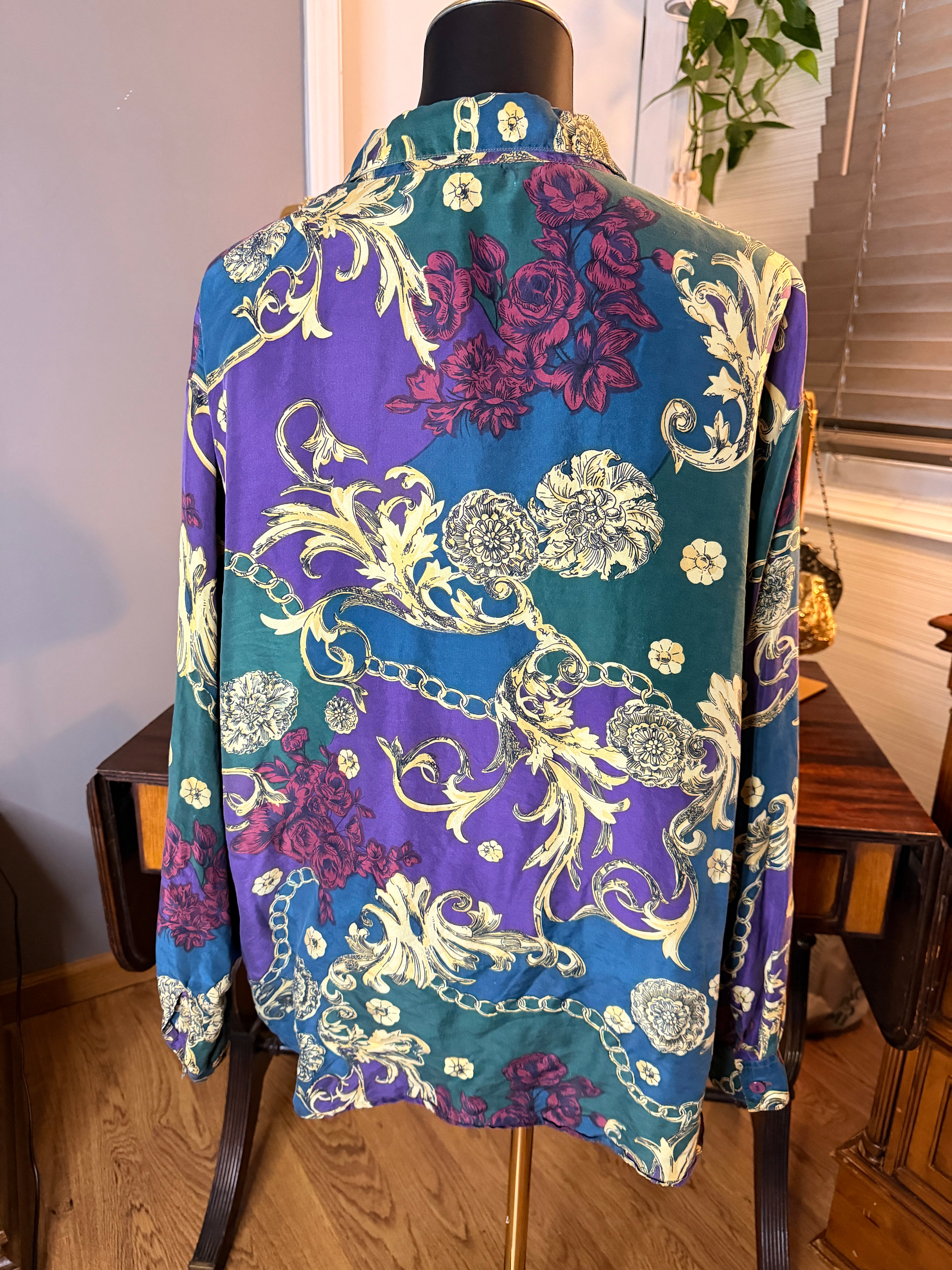 Vintage Maggie Lawrence Collection 100% Silk Floral Baroque Button Front Blouse Women's Large
