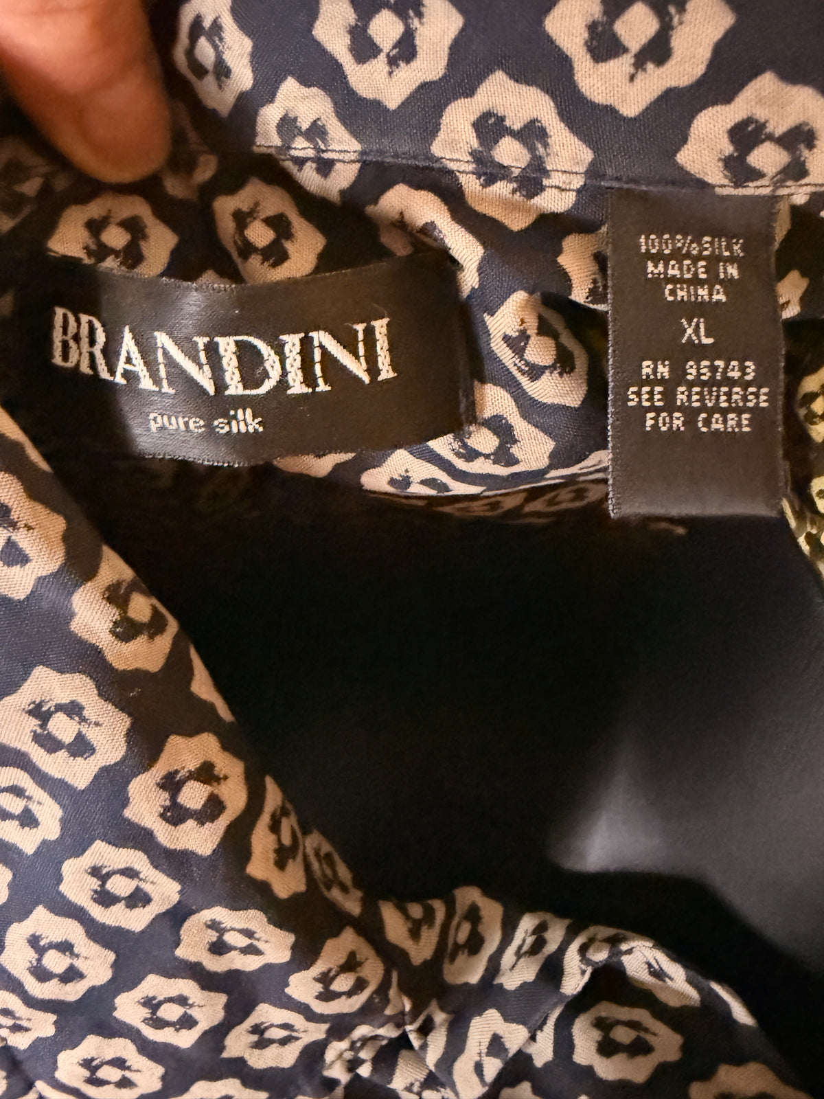 Vintage Brandini Pure Silk Men's XL Button Front Shirt Navy White Geometric Print Short Sleeve