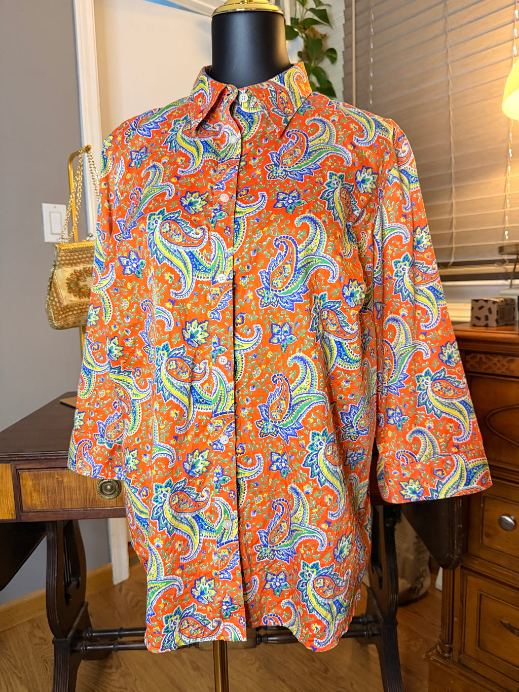 Lauren Ralph Lauren Paisley Cotton Button Front Shirt Women's 1X Orange Floral Blouse