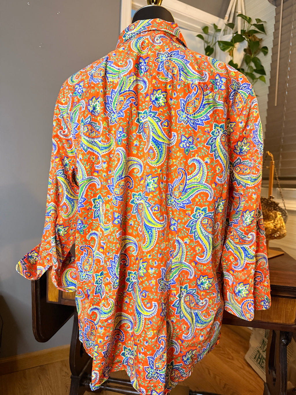 Lauren Ralph Lauren Paisley Cotton Button Front Shirt Women's 1X Orange Floral Blouse