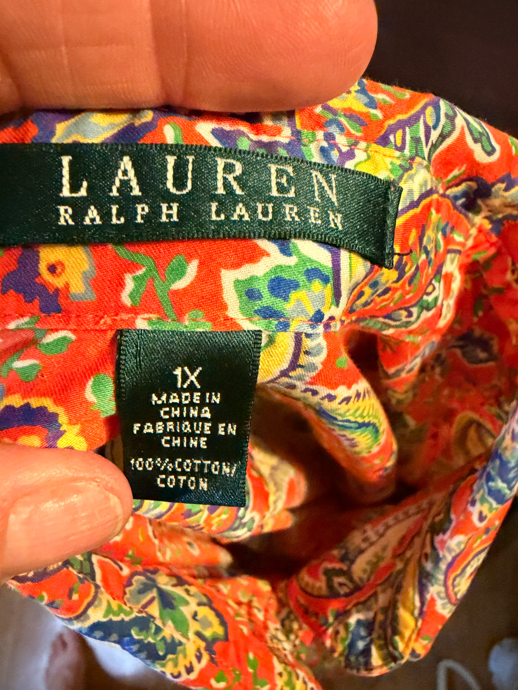 Lauren Ralph Lauren Paisley Cotton Button Front Shirt Women's 1X Orange Floral Blouse