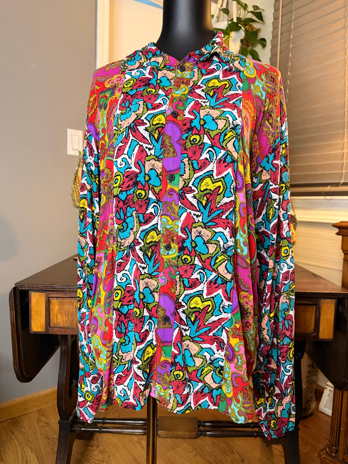 Vintage 90s Cafe Abstract Print Rayon Blouse Colorful Button Front USA Made Size 0