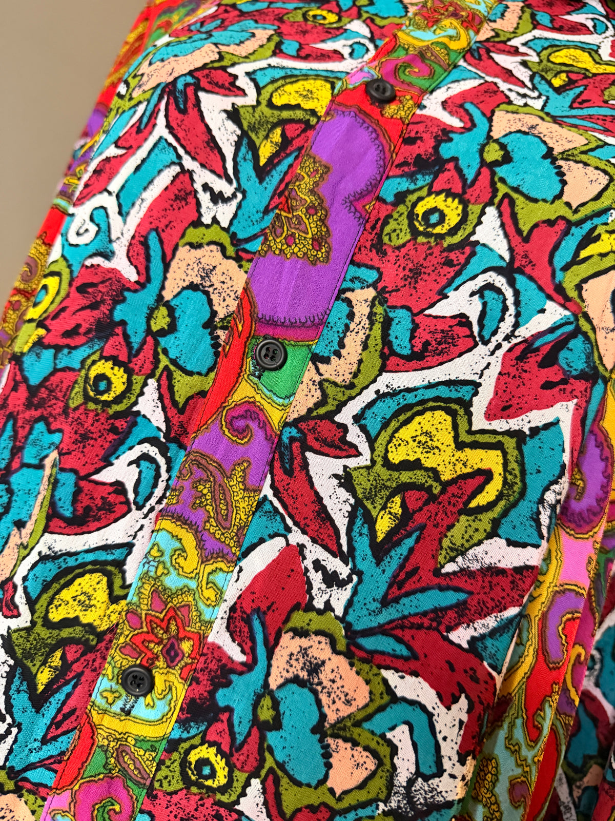 Vintage 90s Cafe Abstract Print Rayon Blouse Colorful Button Front USA Made Size 0
