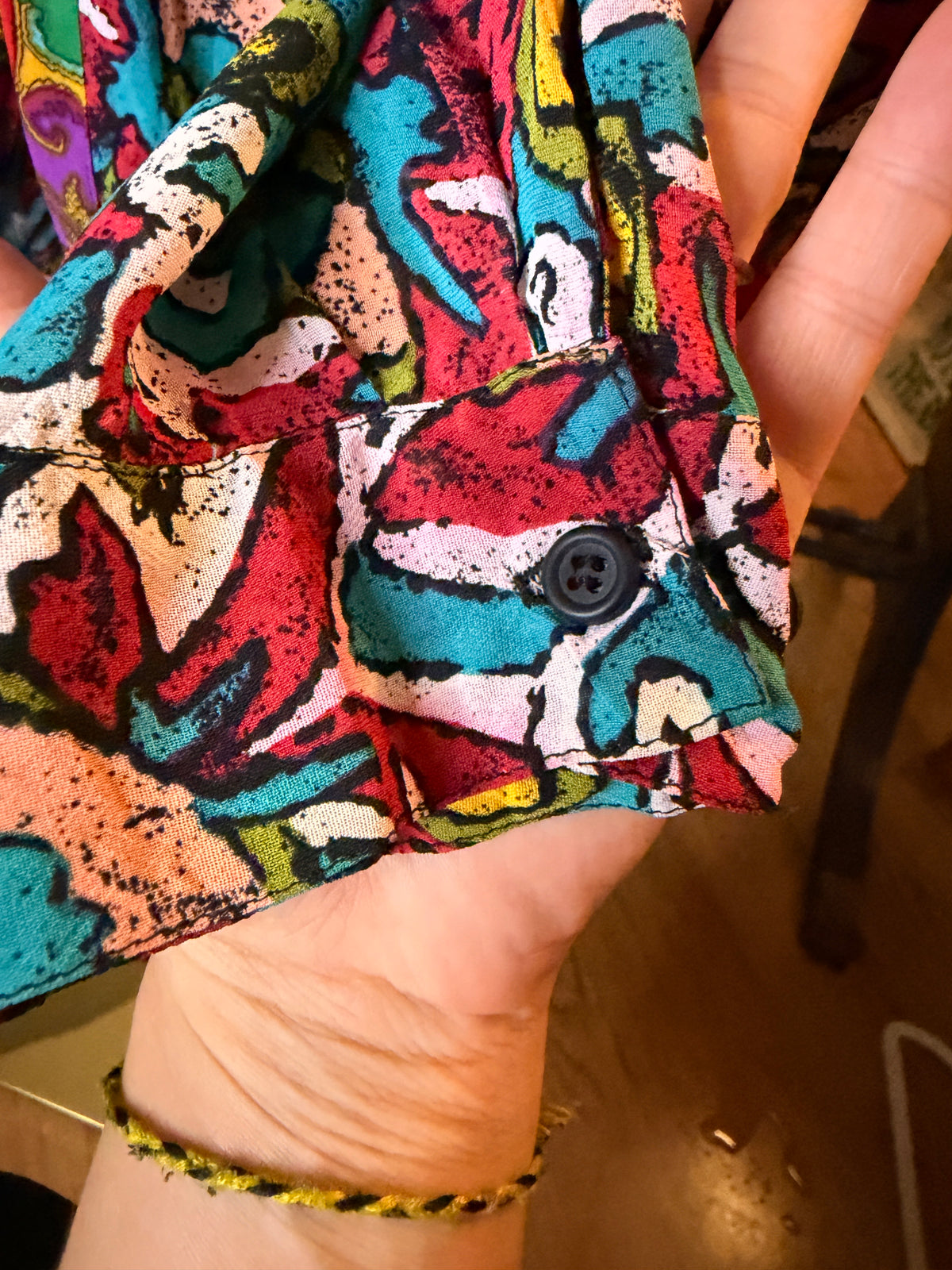 Vintage 90s Cafe Abstract Print Rayon Blouse Colorful Button Front USA Made Size 0