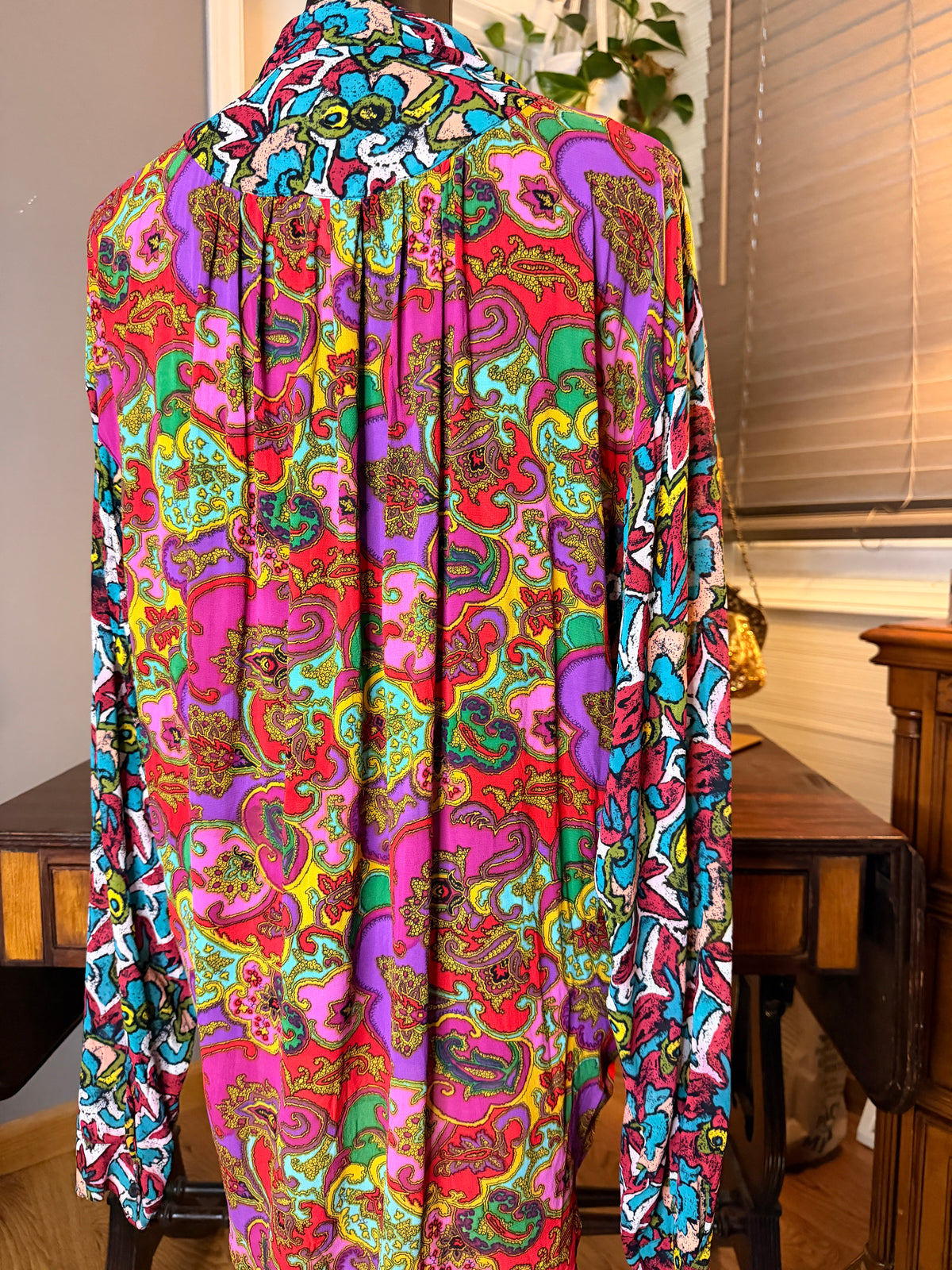 Vintage 90s Cafe Abstract Print Rayon Blouse Colorful Button Front USA Made Size 0