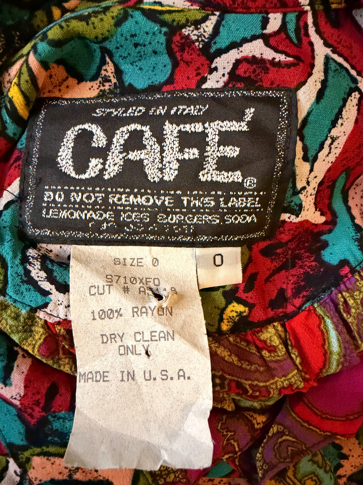 Vintage 90s Cafe Abstract Print Rayon Blouse Colorful Button Front USA Made Size 0