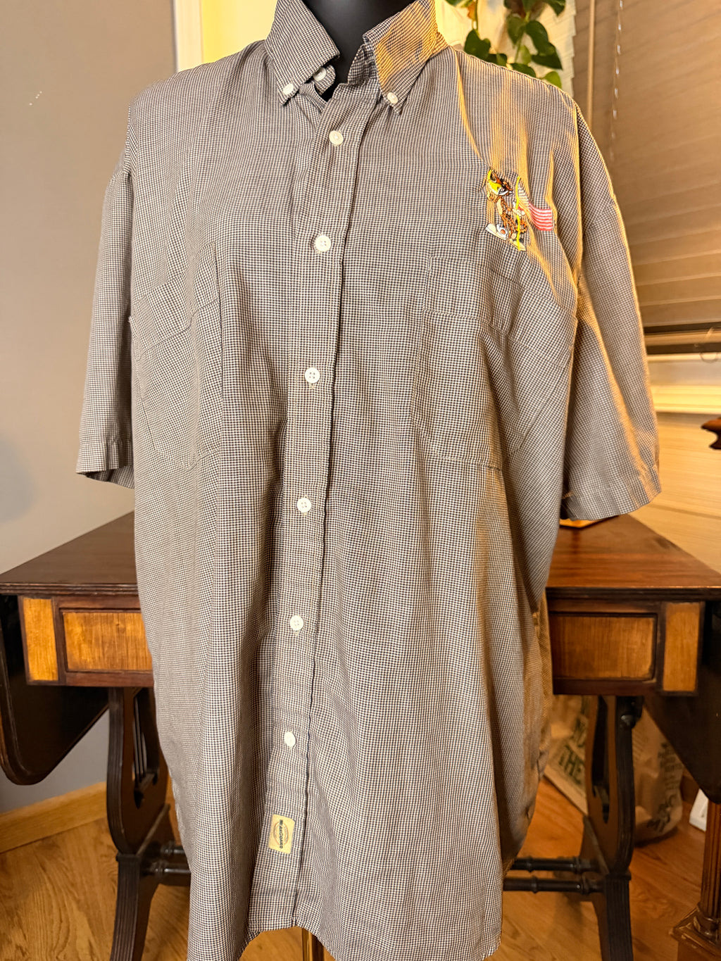 Vintage WearGuard Men's Work Shirt Gray Mini Check Chester Cheetah Style Embroidered Button Up XL