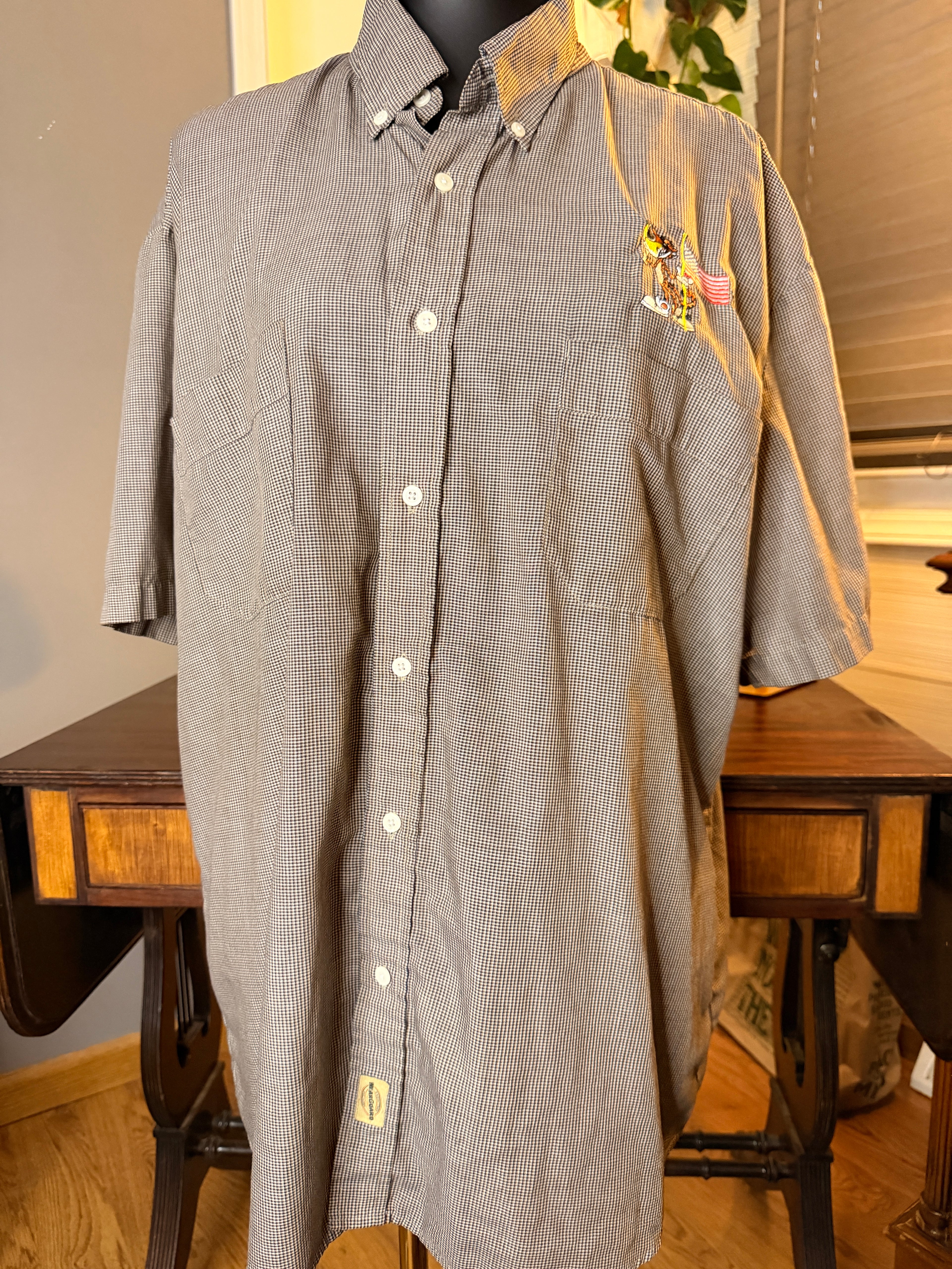 Vintage WearGuard Men's Work Shirt Gray Mini Check Chester Cheetah Style Embroidered Button Up XL