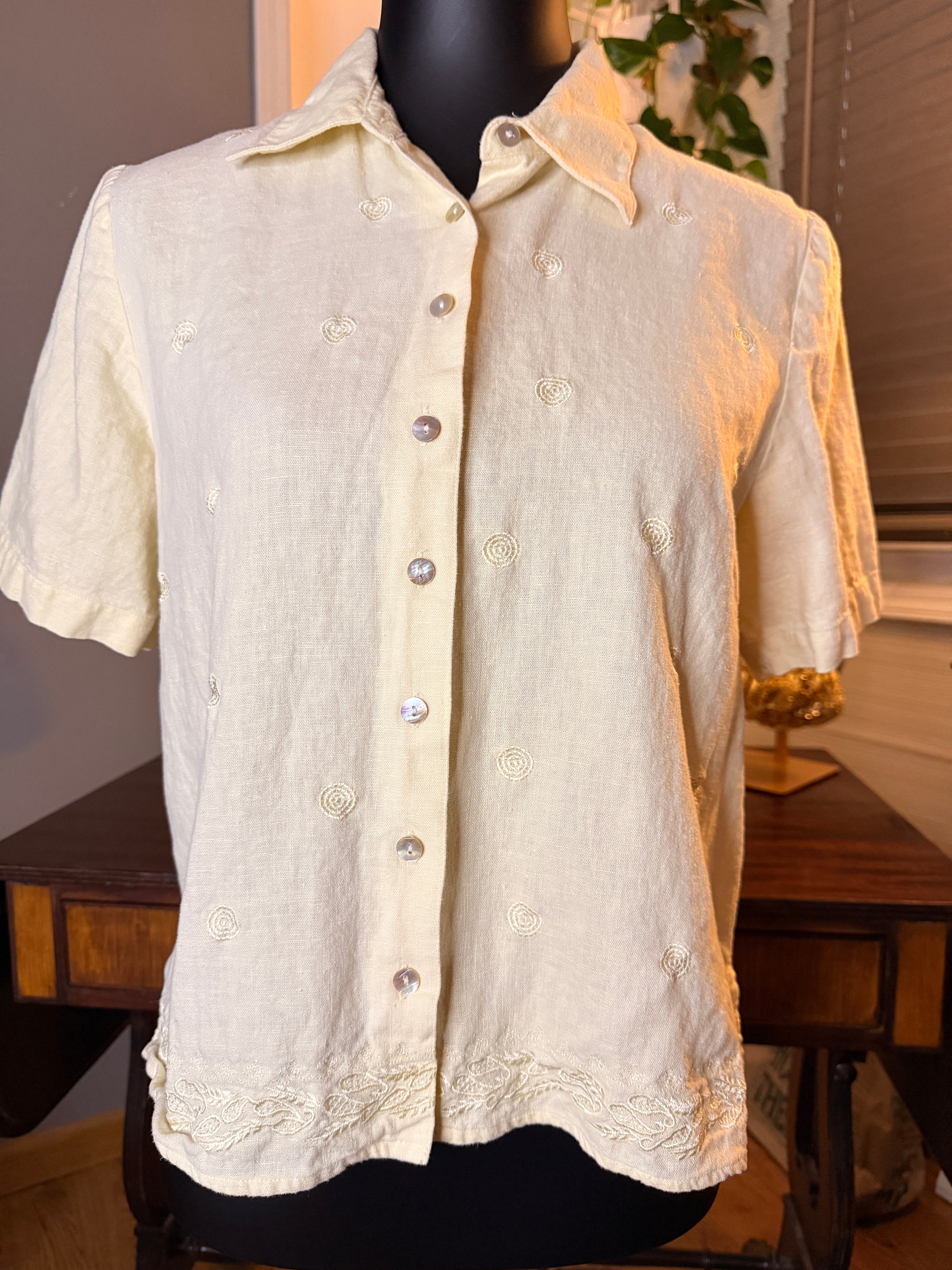 Vintage Yes St Clair Petites Linen Blend Embroidered Button Front Blouse Ivory 10P