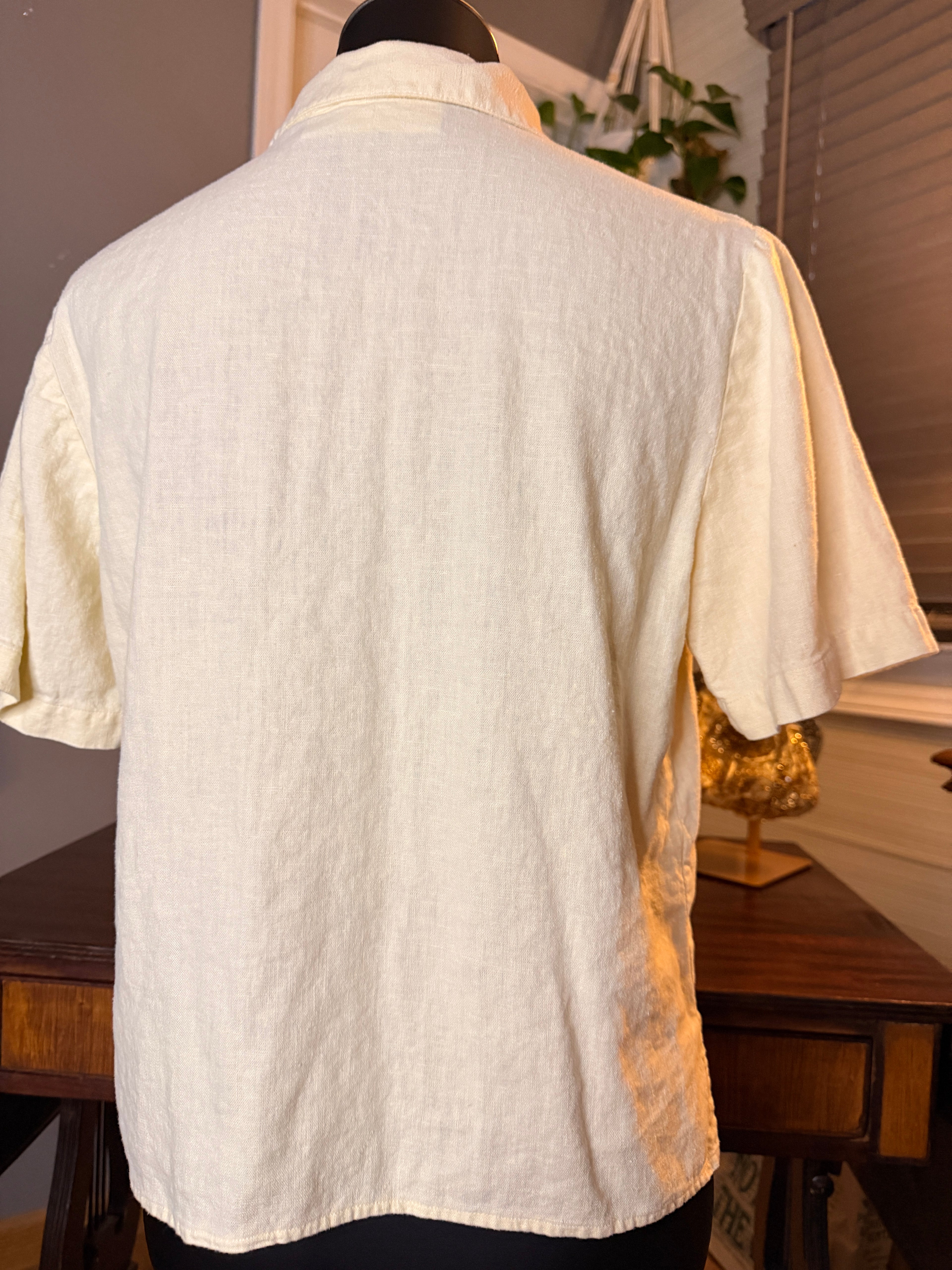 Vintage Yes St Clair Petites Linen Blend Embroidered Button Front Blouse Ivory 10P