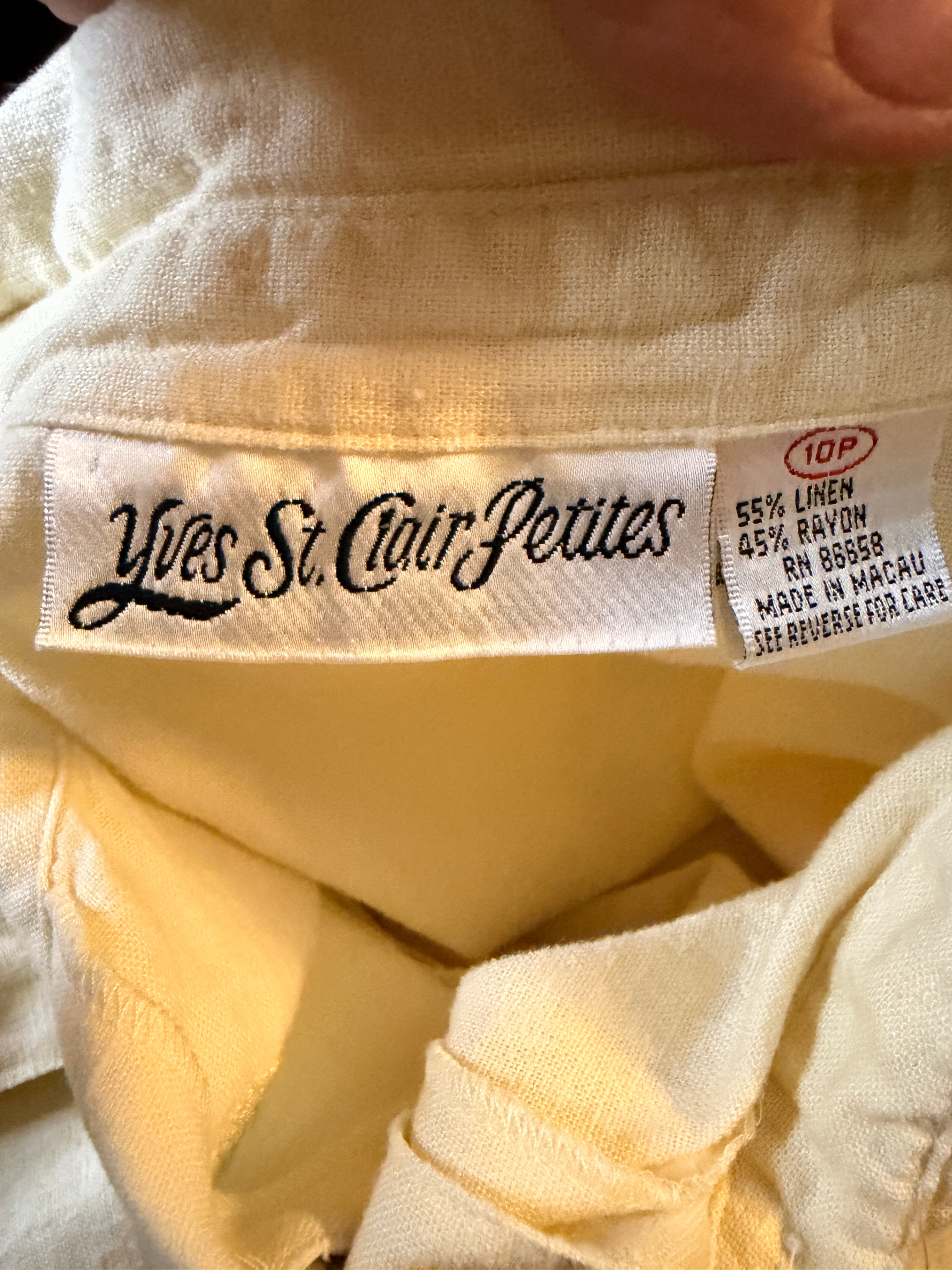 Vintage Yes St Clair Petites Linen Blend Embroidered Button Front Blouse Ivory 10P