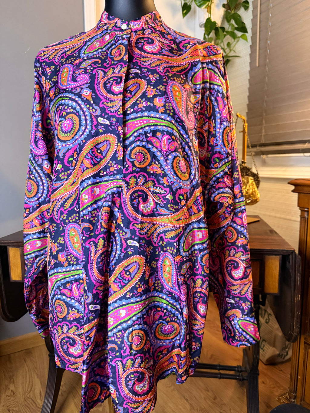Lauren Ralph Lauren Paisley Blouse Large Purple Pink Button Front Long Sleeve Women's Top
