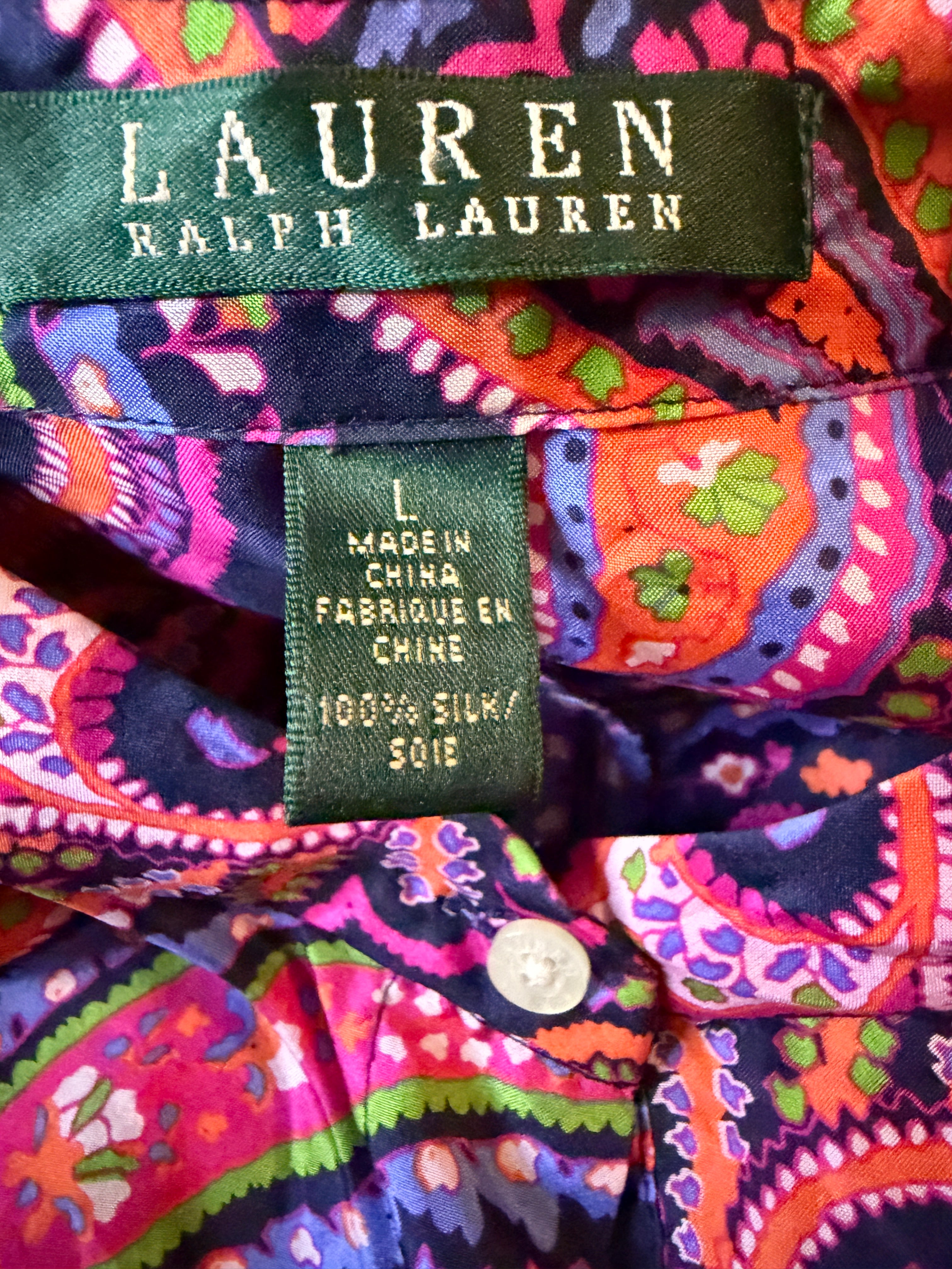 Lauren Ralph Lauren Paisley Blouse Large Purple Pink Button Front Long Sleeve Women's Top