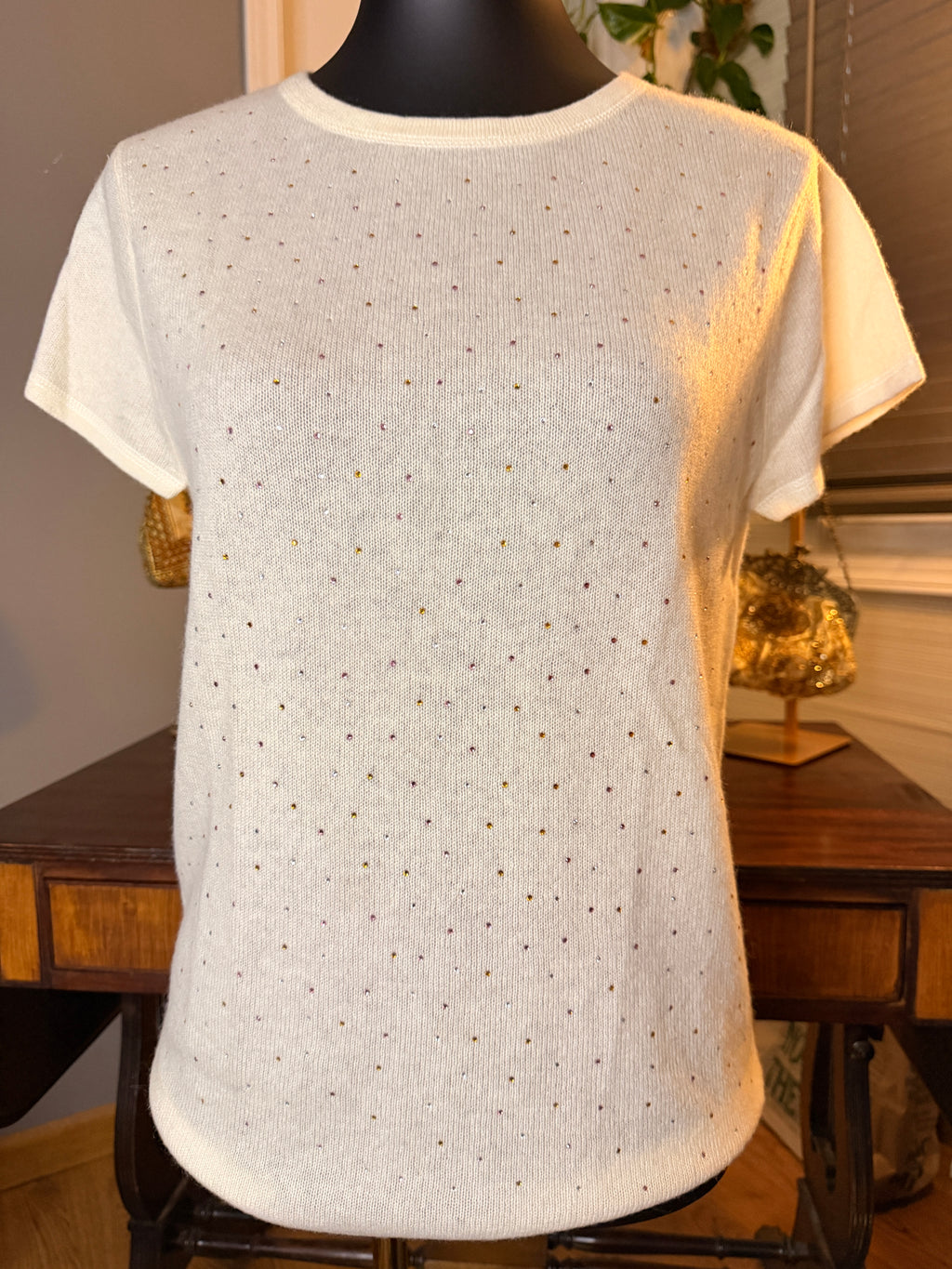 Cashmere Crystal Studded Sweater Medium Ivory Short Sleeve NWT Luxury Knit