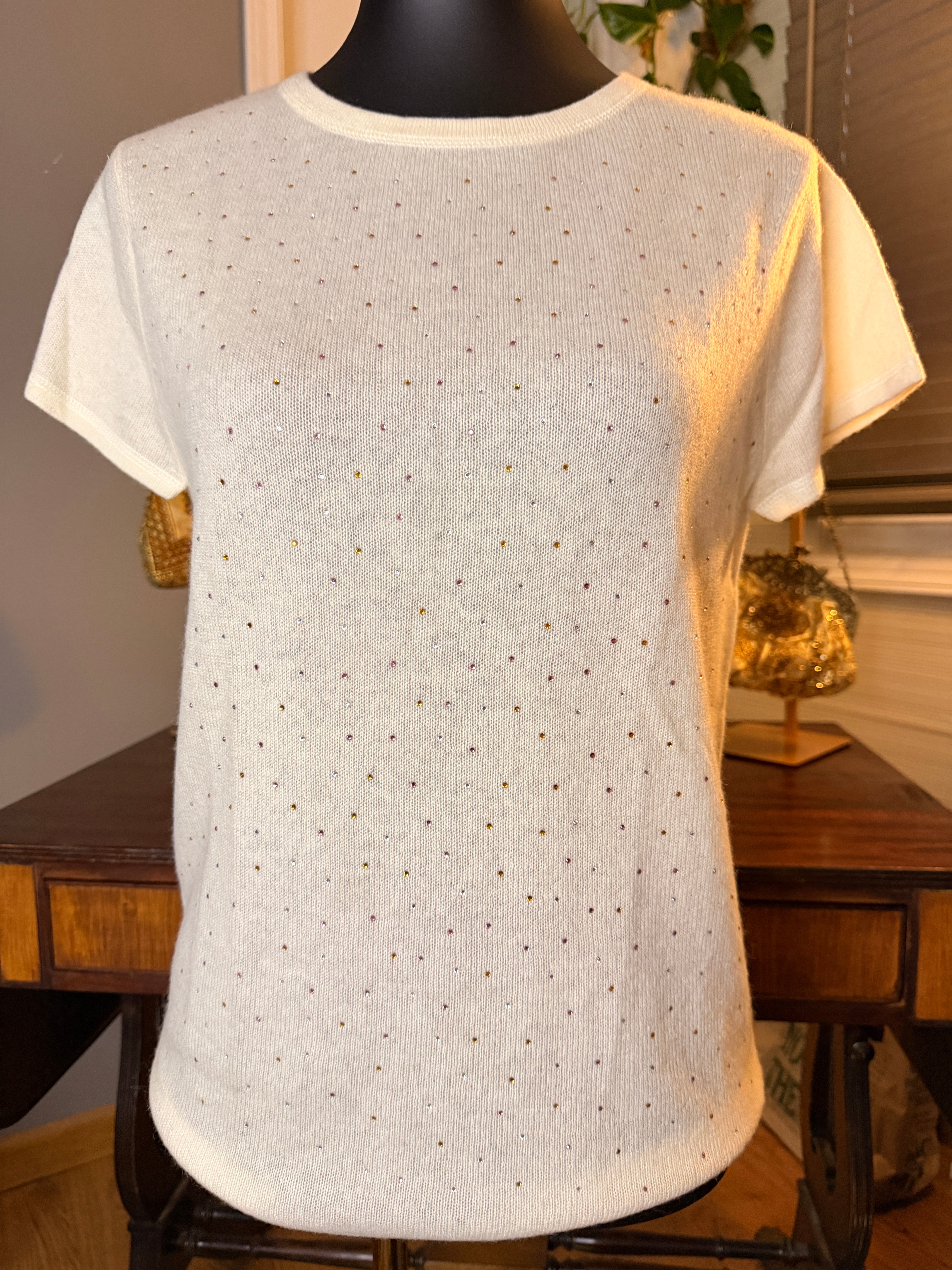 Cashmere Crystal Studded Sweater Medium Ivory Short Sleeve NWT Luxury Knit