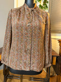 Vintage Natura Madre Brown Floral Tie Neck Blouse Secretary Top Boho Medium