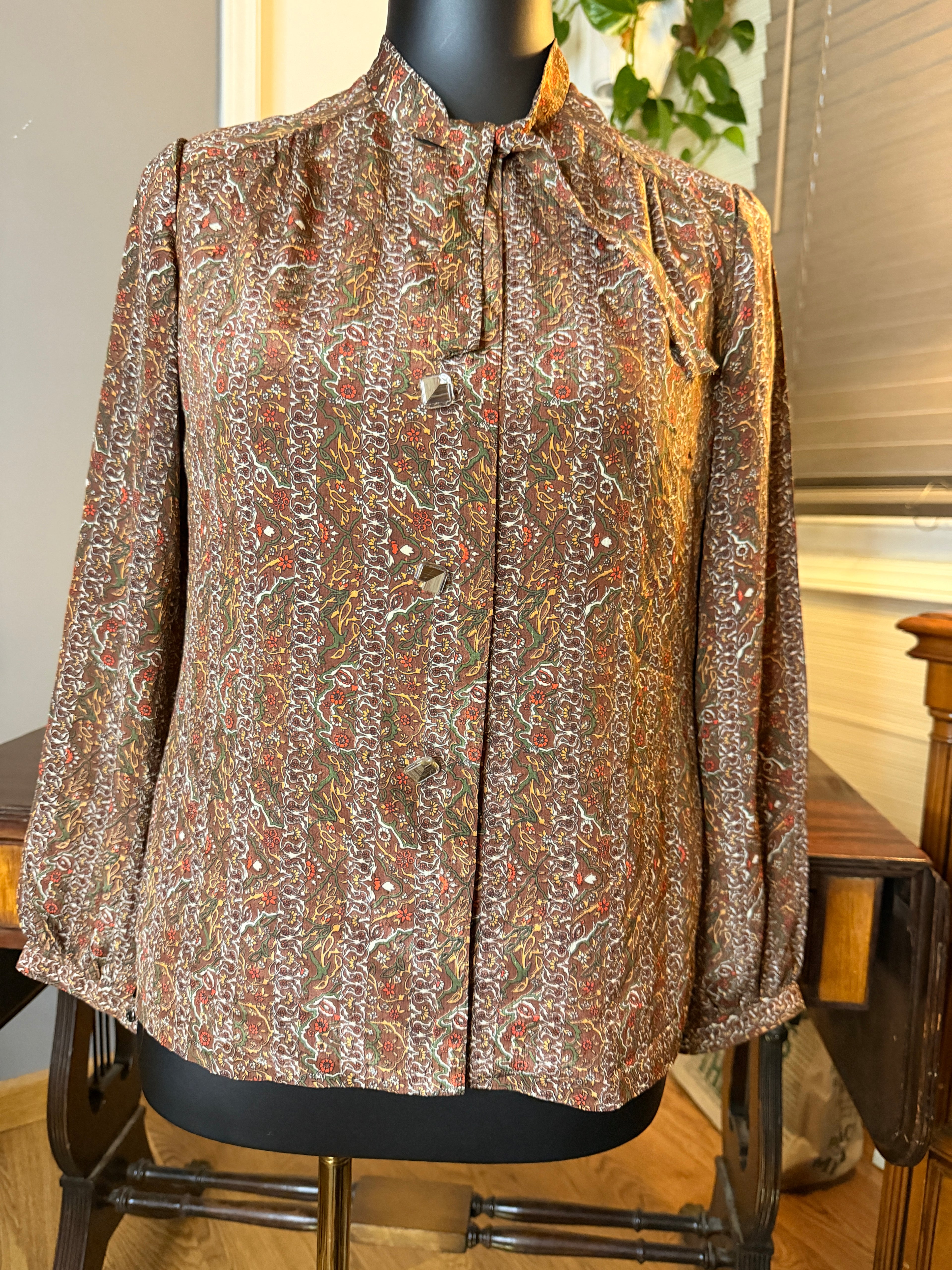 Vintage Natura Madre Brown Floral Tie Neck Blouse Secretary Top Boho Medium