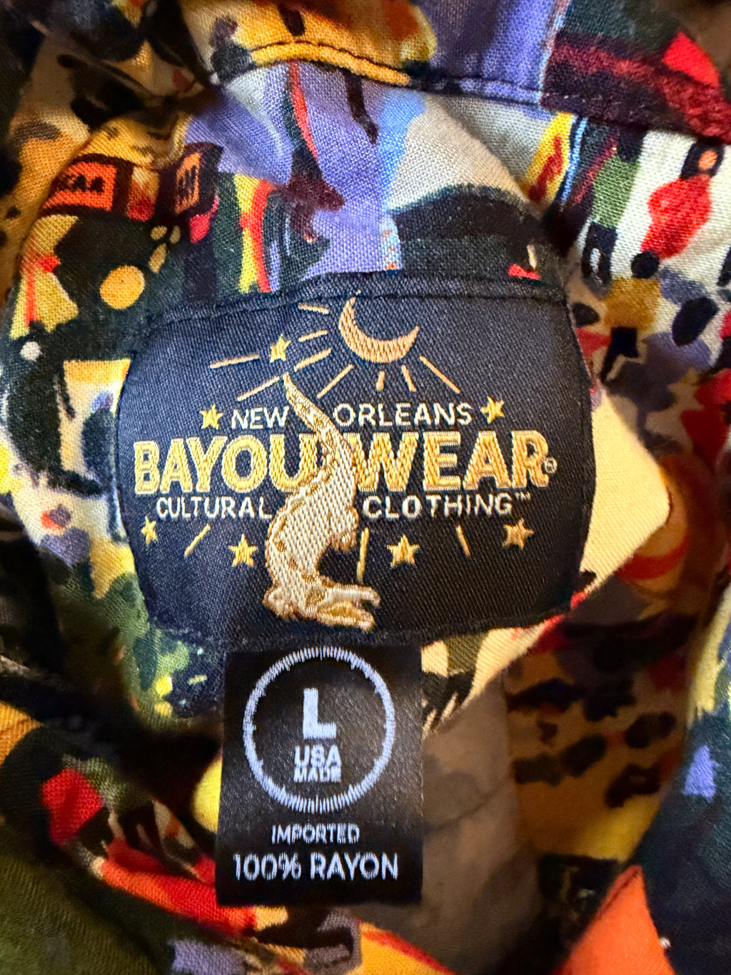 Vintage Bayou Wear New Orleans Cultural Clothing Rayon Festival Shirt Men's Large Scenic Novelty Button Up Made USA