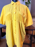 Vintage Peter Popovitch Yellow Textured Blouse Crochet Pocket Button Front Medium
