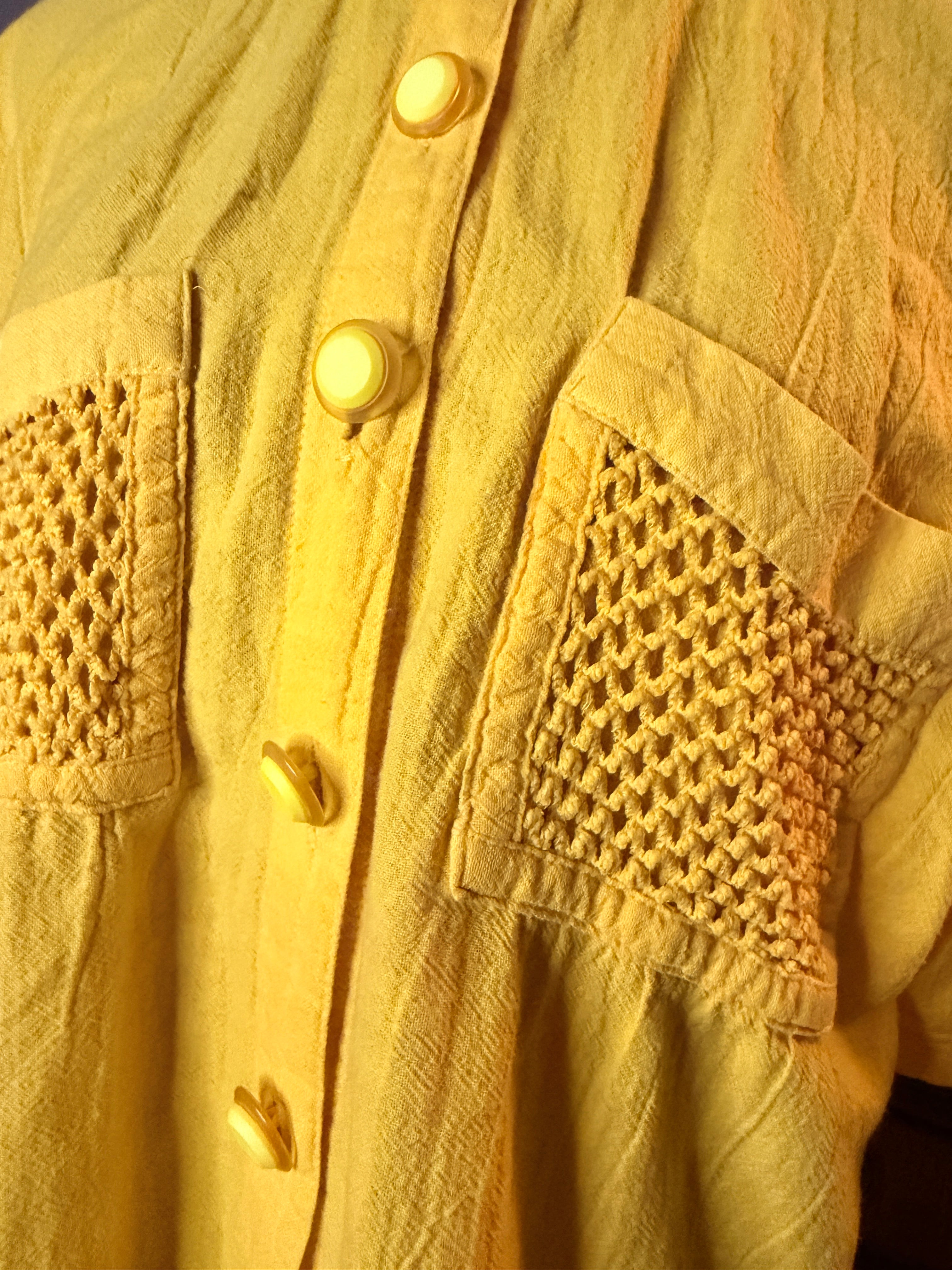 Vintage Peter Popovitch Yellow Textured Blouse Crochet Pocket Button Front Medium