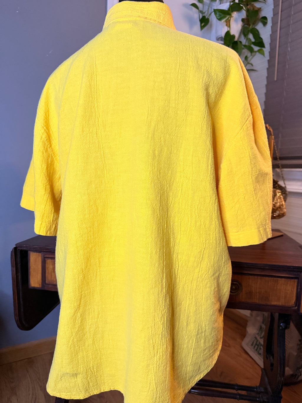 Vintage Peter Popovitch Yellow Textured Blouse Crochet Pocket Button Front Medium