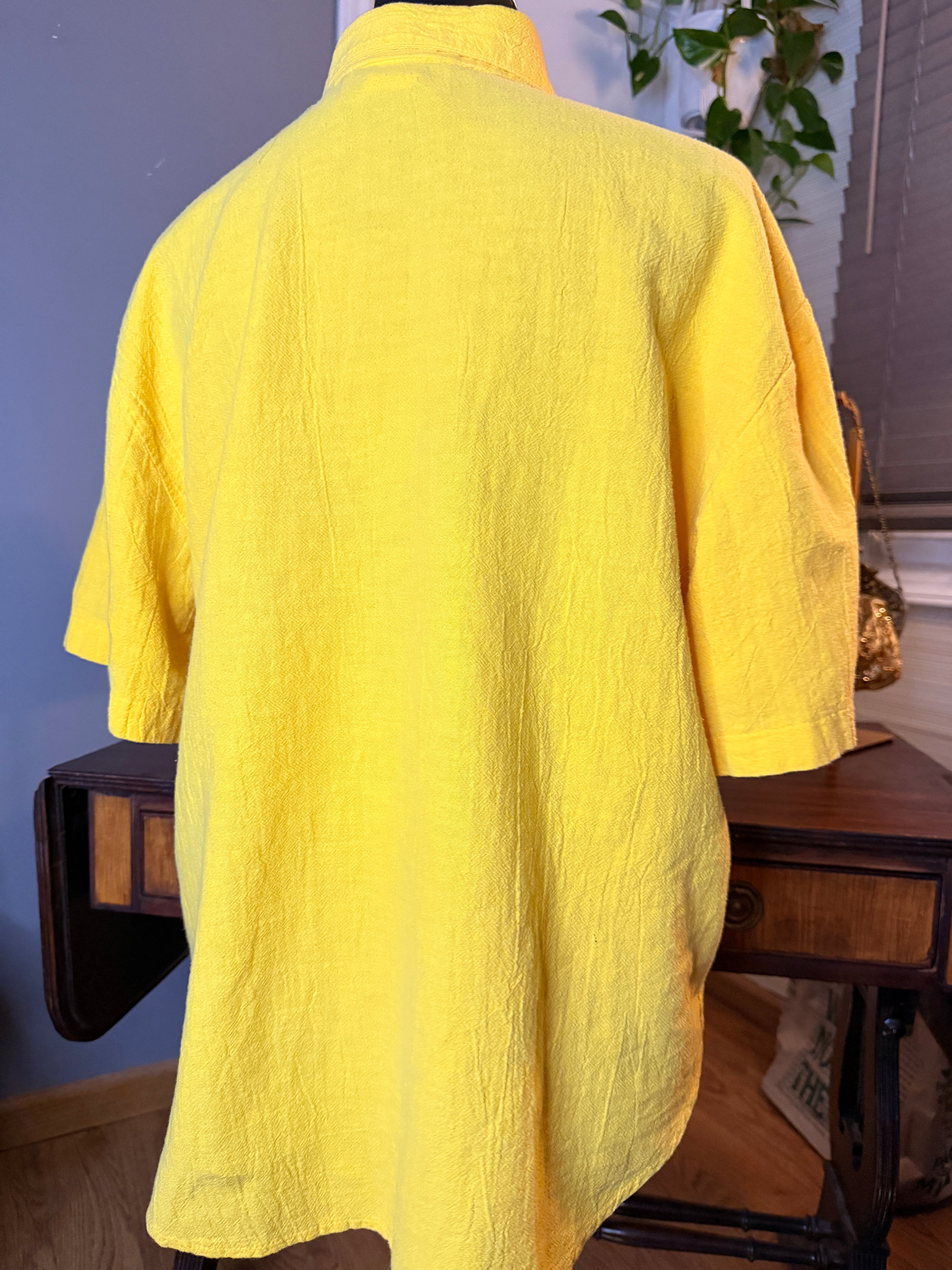Vintage Peter Popovitch Yellow Textured Blouse Crochet Pocket Button Front Medium