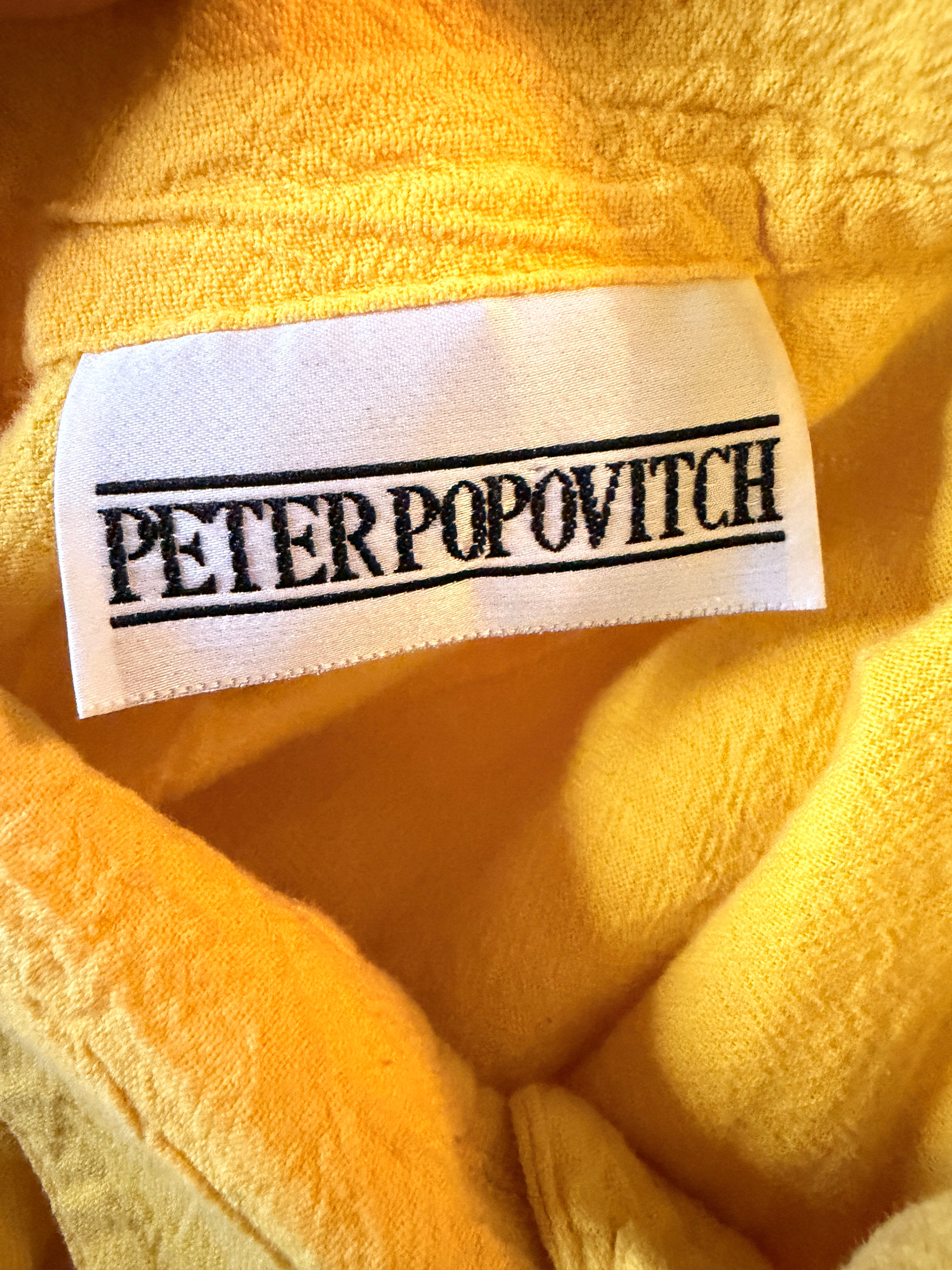 Vintage Peter Popovitch Yellow Textured Blouse Crochet Pocket Button Front Medium