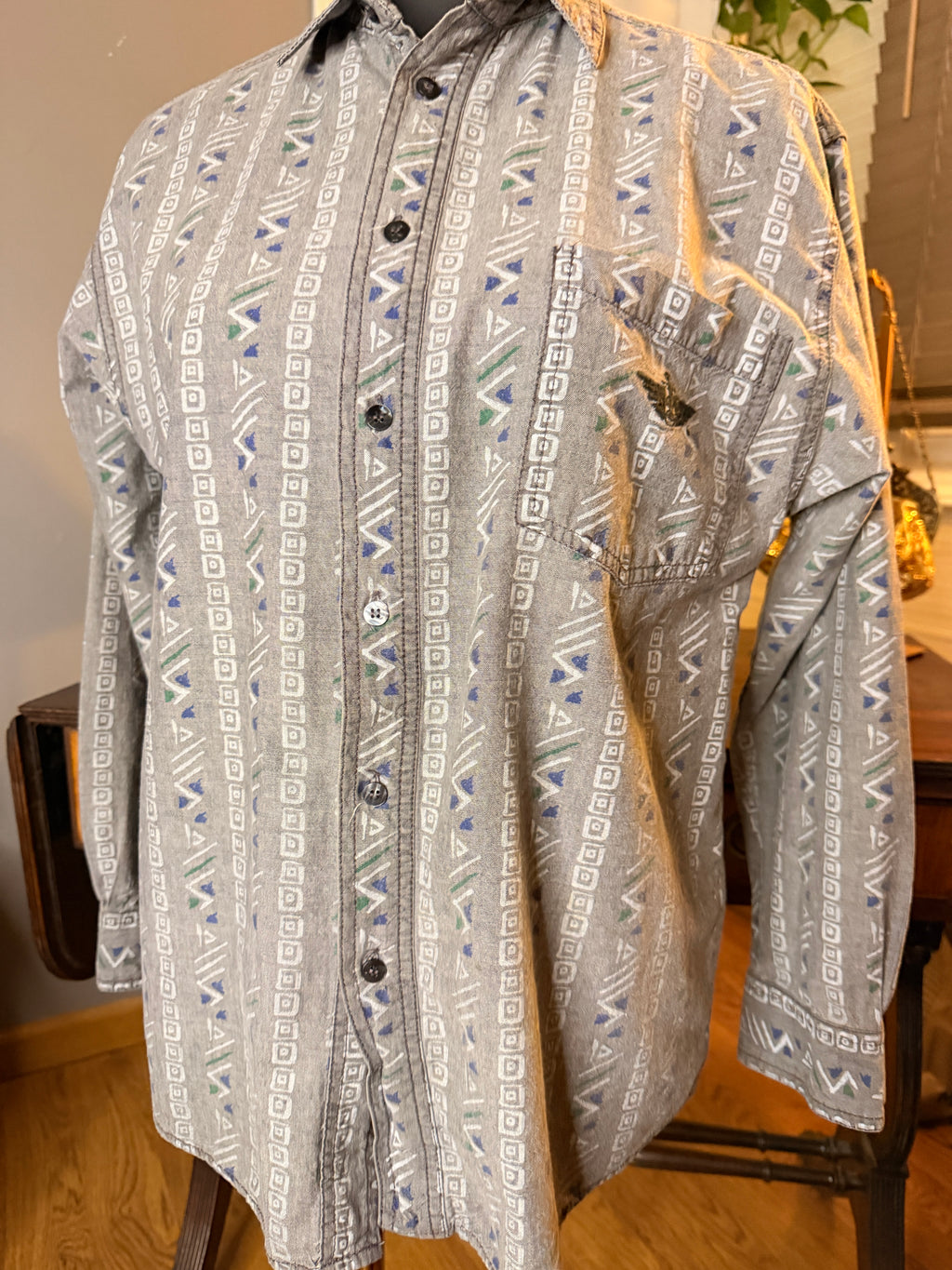 Vintage Dockers Sweet 1985 Geometric Button Up Shirt XL Gray Southwestern Print Made in Hong Kong Cotton Men's 90s Casual Shirt