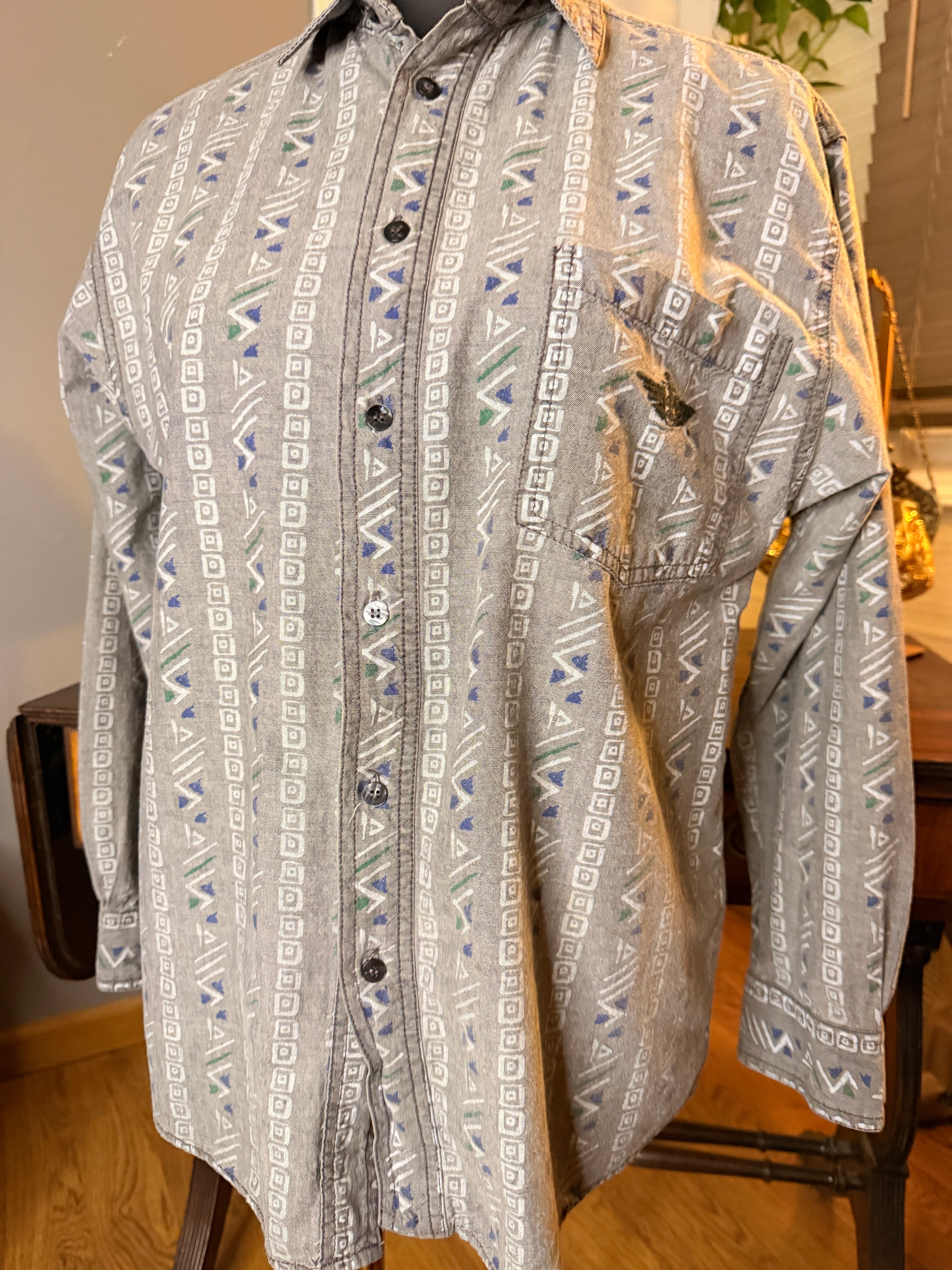 Vintage Dockers Sweet 1985 Geometric Button Up Shirt XL Gray Southwestern Print Made in Hong Kong Cotton Men's 90s Casual Shirt