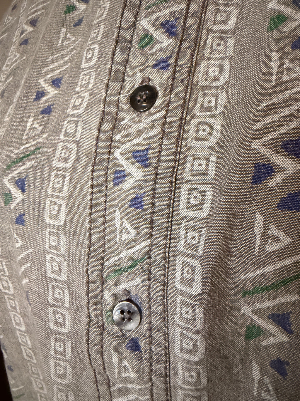 Vintage Dockers Sweet 1985 Geometric Button Up Shirt XL Gray Southwestern Print Made in Hong Kong Cotton Men's 90s Casual Shirt