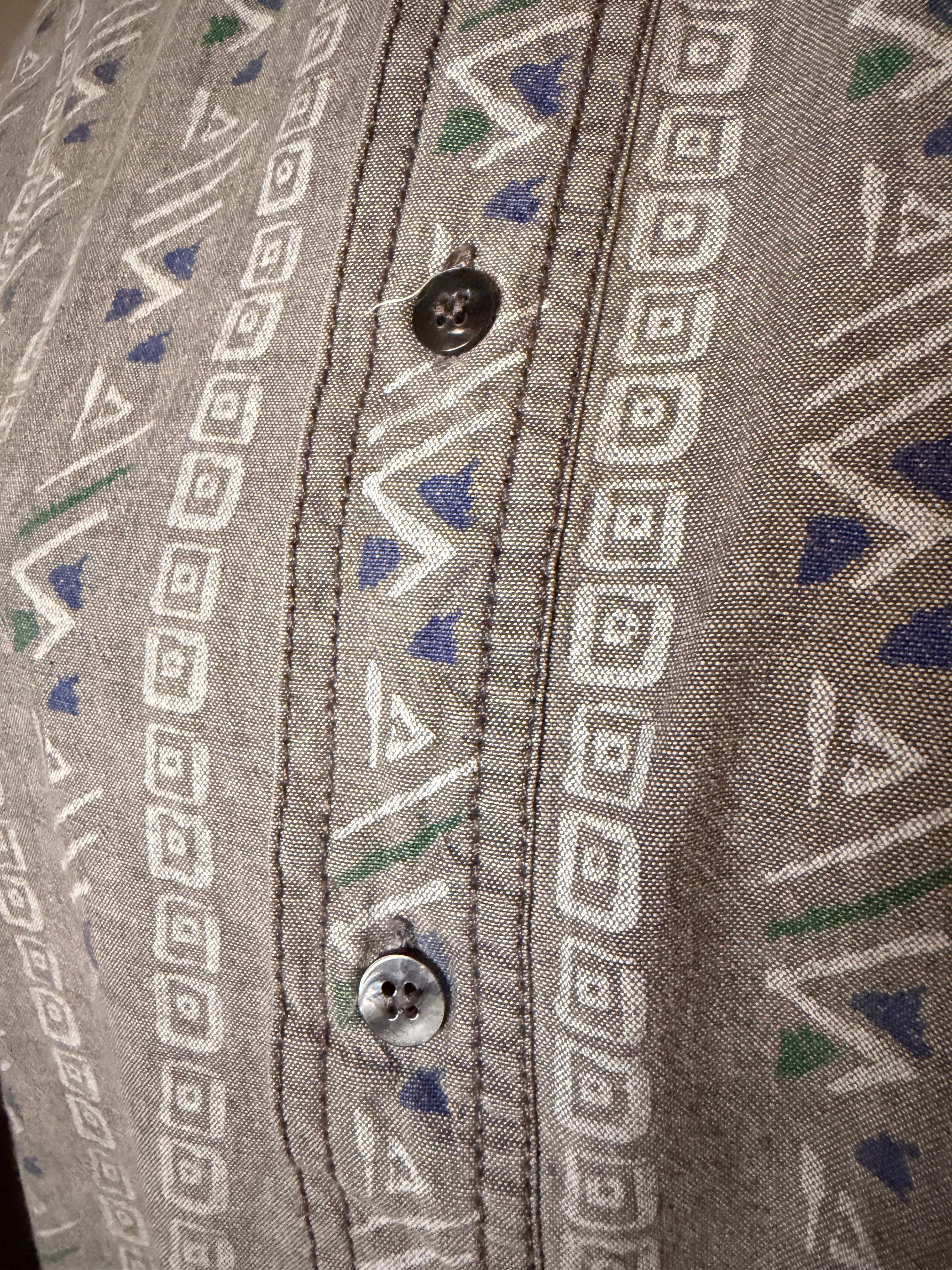 Vintage Dockers Sweet 1985 Geometric Button Up Shirt XL Gray Southwestern Print Made in Hong Kong Cotton Men's 90s Casual Shirt