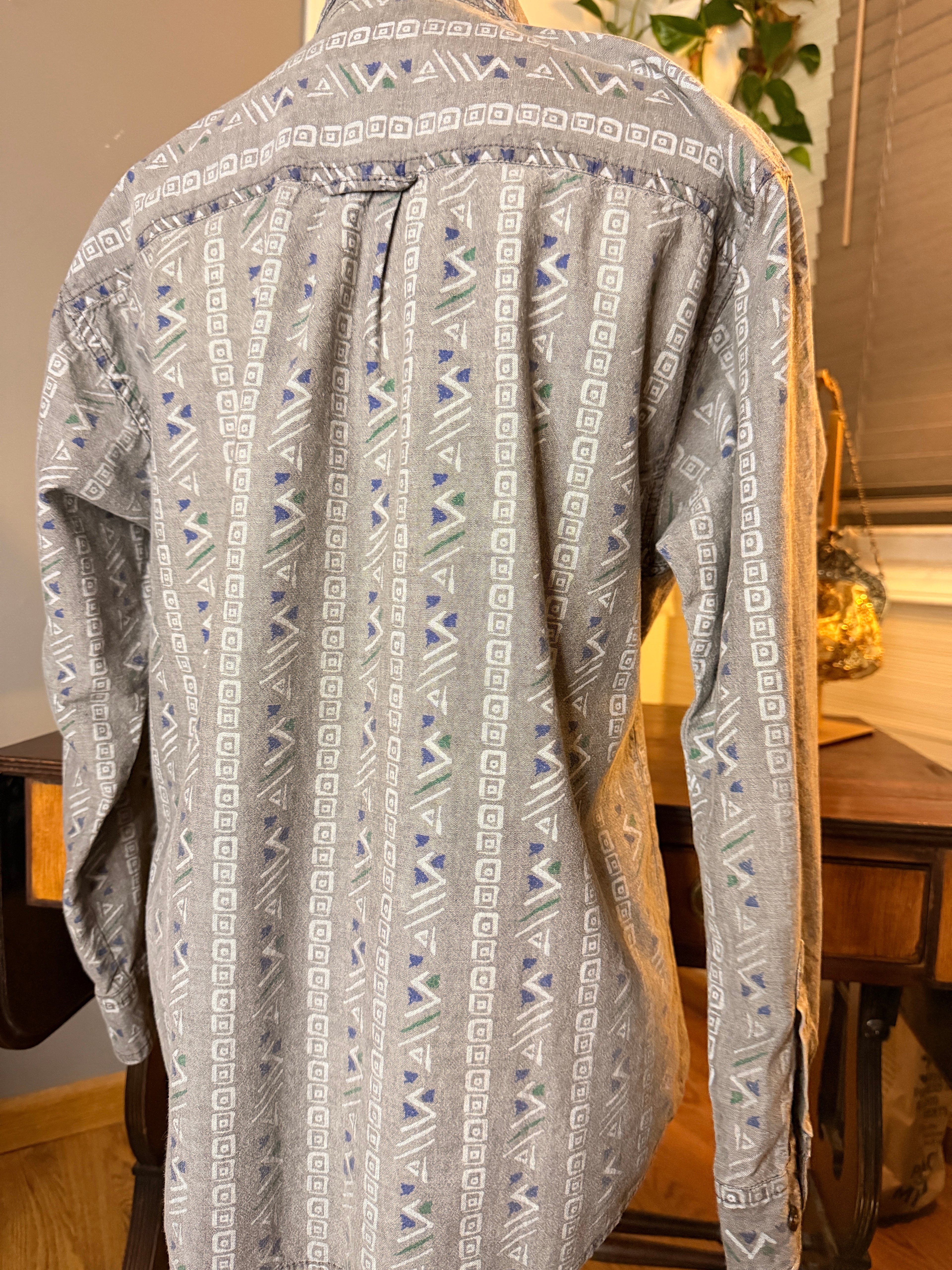 Vintage Dockers Sweet 1985 Geometric Button Up Shirt XL Gray Southwestern Print Made in Hong Kong Cotton Men's 90s Casual Shirt