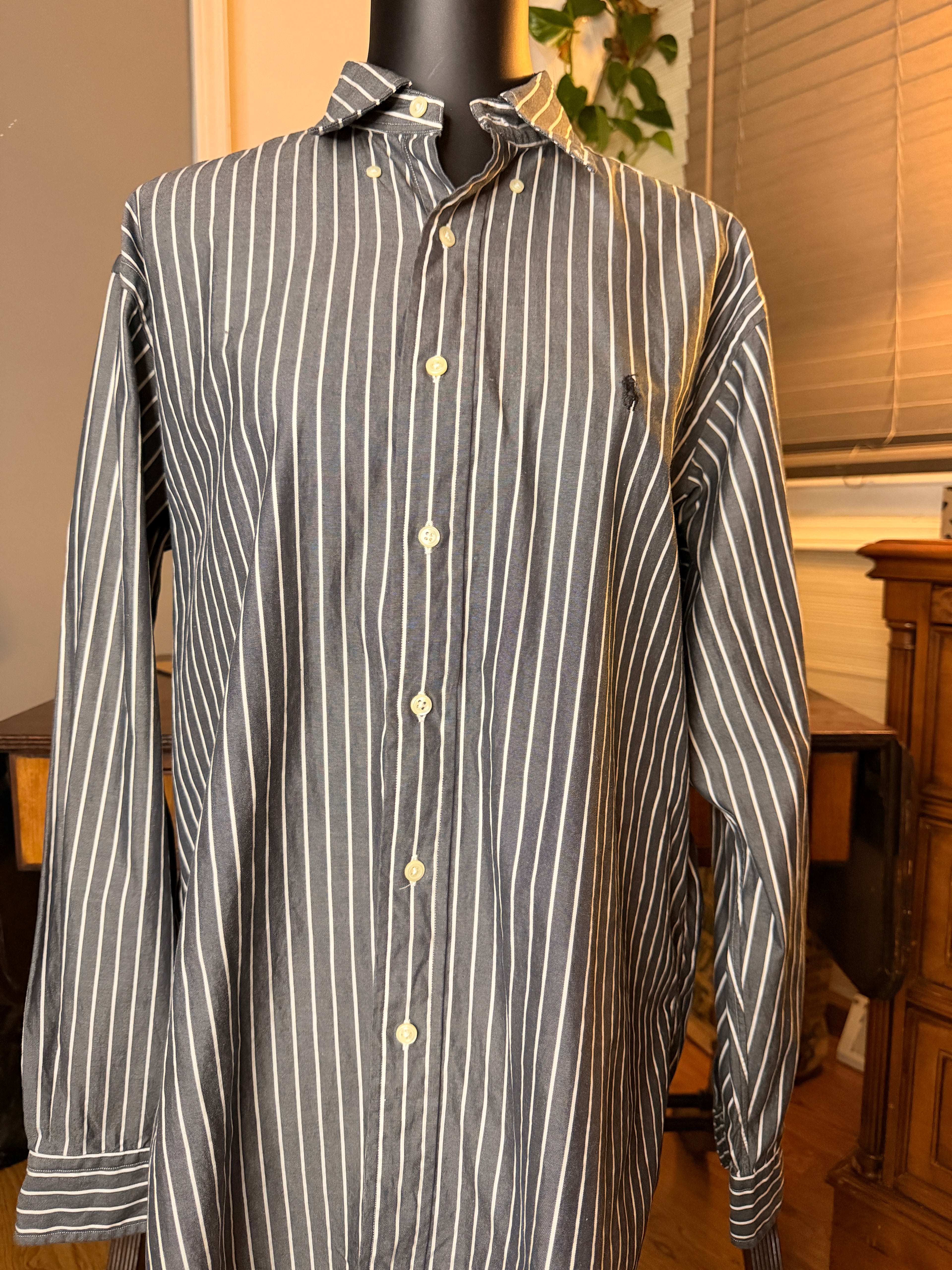Vintage Ralph Lauren Yarmouth Pinpoint Oxford Shirt 15.5-34 Gray White Stripe Button Down