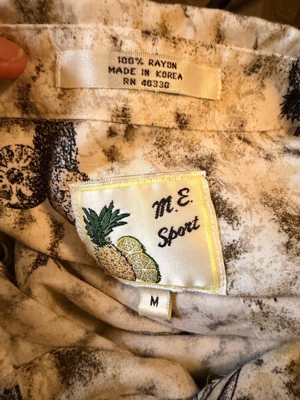 Vintage 1990s M.E. Sport Pineapple Hawaiian Shirt Medium Rayon Tropical Camp Shirt