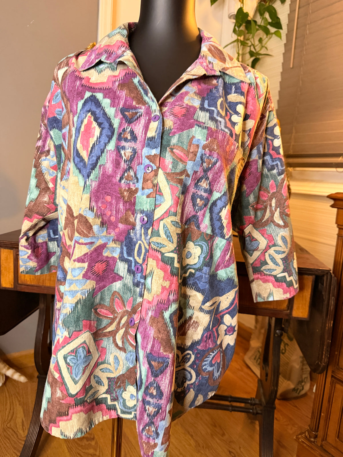 Vintage 1990s Liberty Abstract Print Blouse Colorful Geometric Button Front Women’s Shirt
