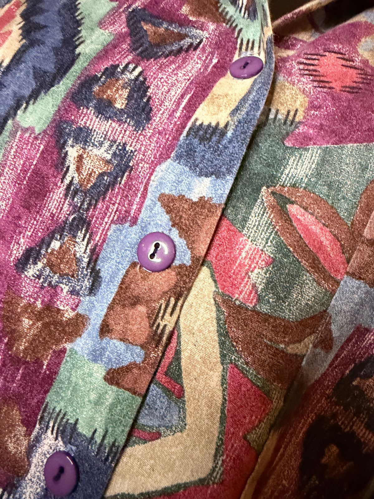 Vintage 1990s Liberty Abstract Print Blouse Colorful Geometric Button Front Women’s Shirt