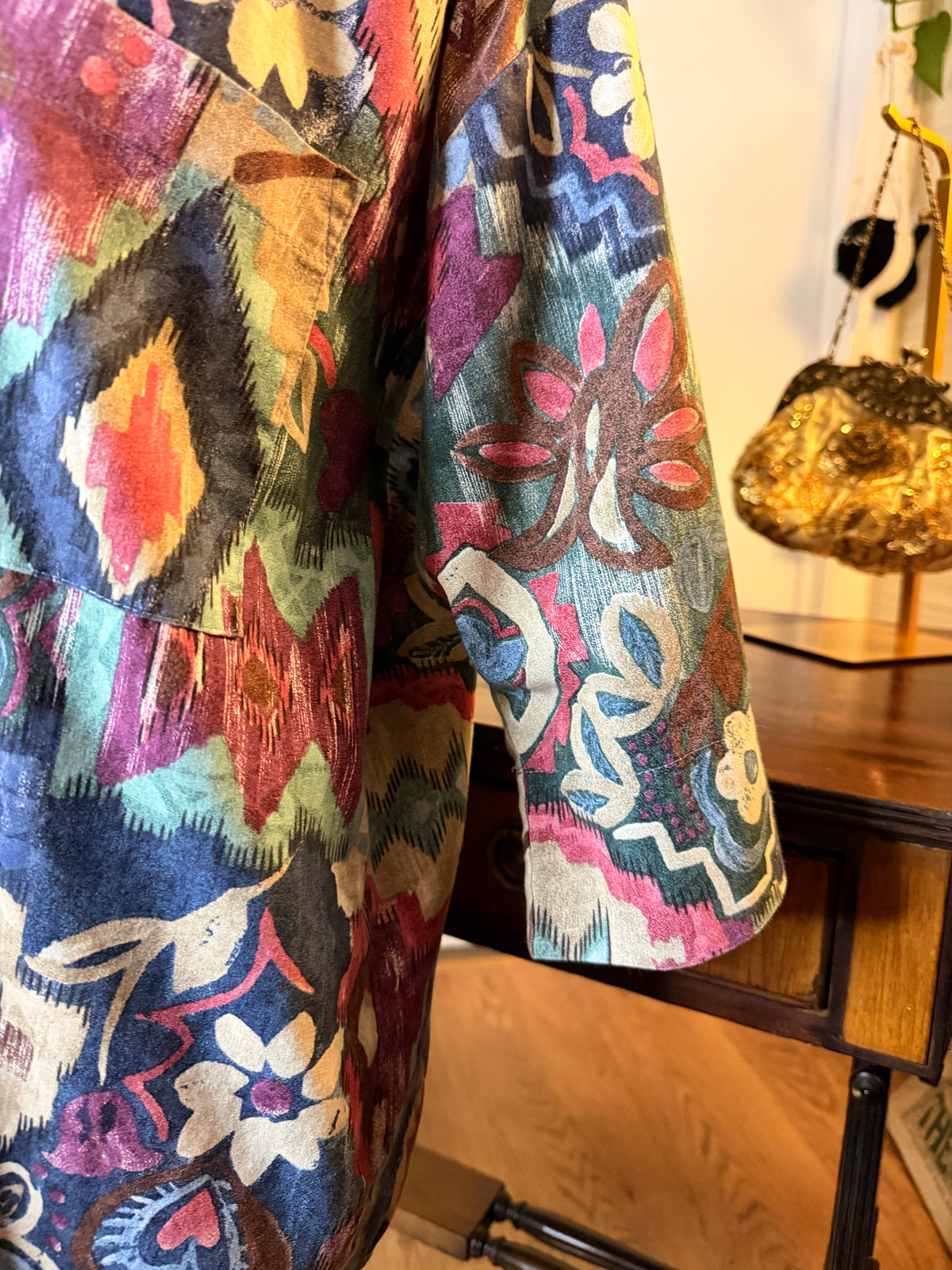 Vintage 1990s Liberty Abstract Print Blouse Colorful Geometric Button Front Women’s Shirt