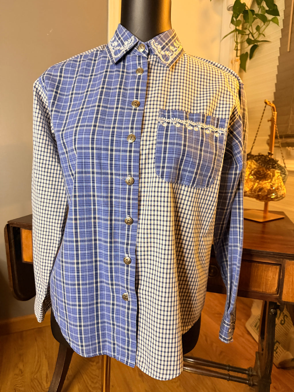 Vintage 1990s Cabin Creek Plaid Shirt Small Embroidered Collar Blue Patchwork Blouse