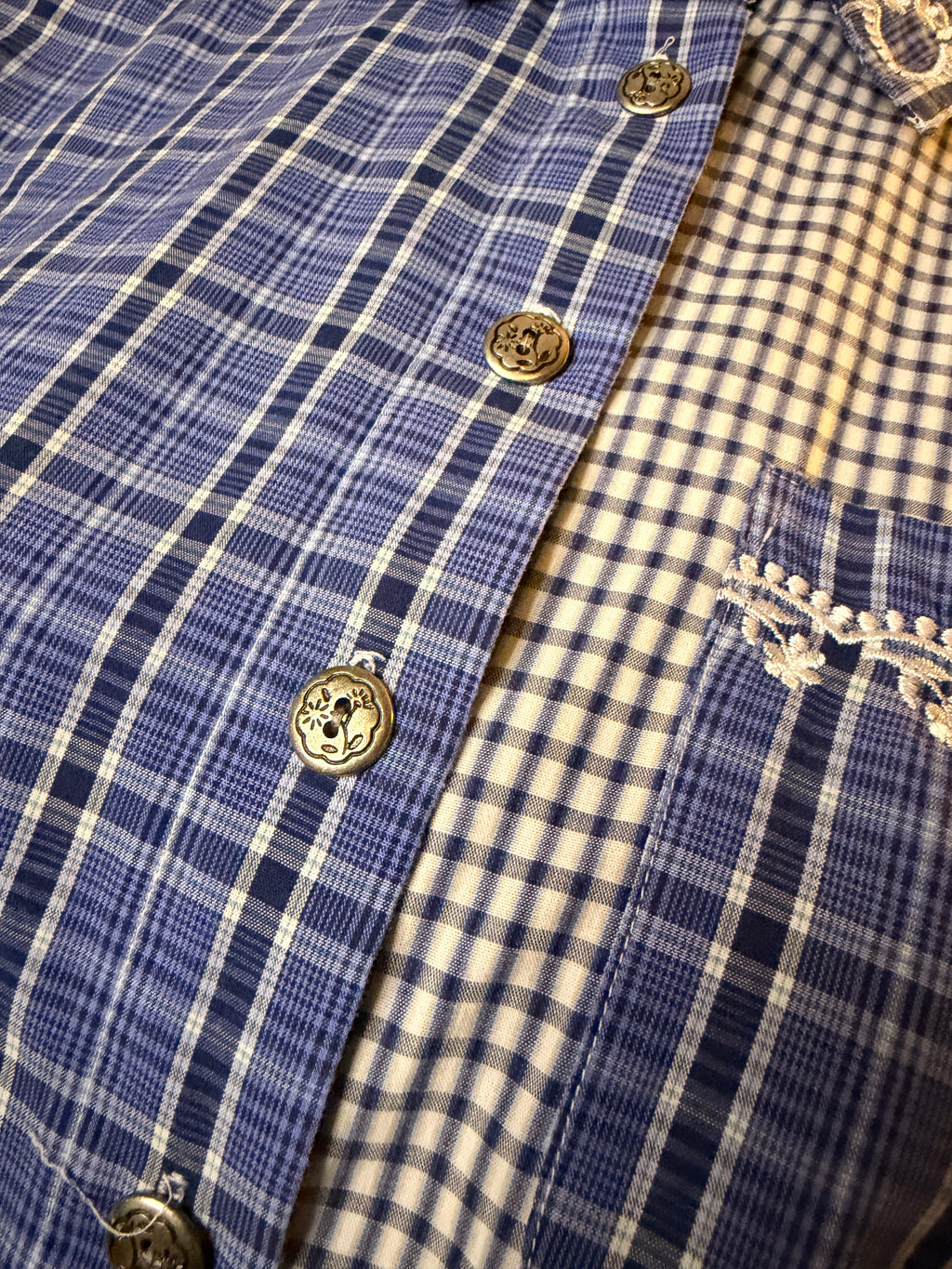 Vintage 1990s Cabin Creek Plaid Shirt Small Embroidered Collar Blue Patchwork Blouse
