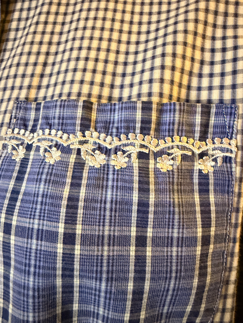 Vintage 1990s Cabin Creek Plaid Shirt Small Embroidered Collar Blue Patchwork Blouse