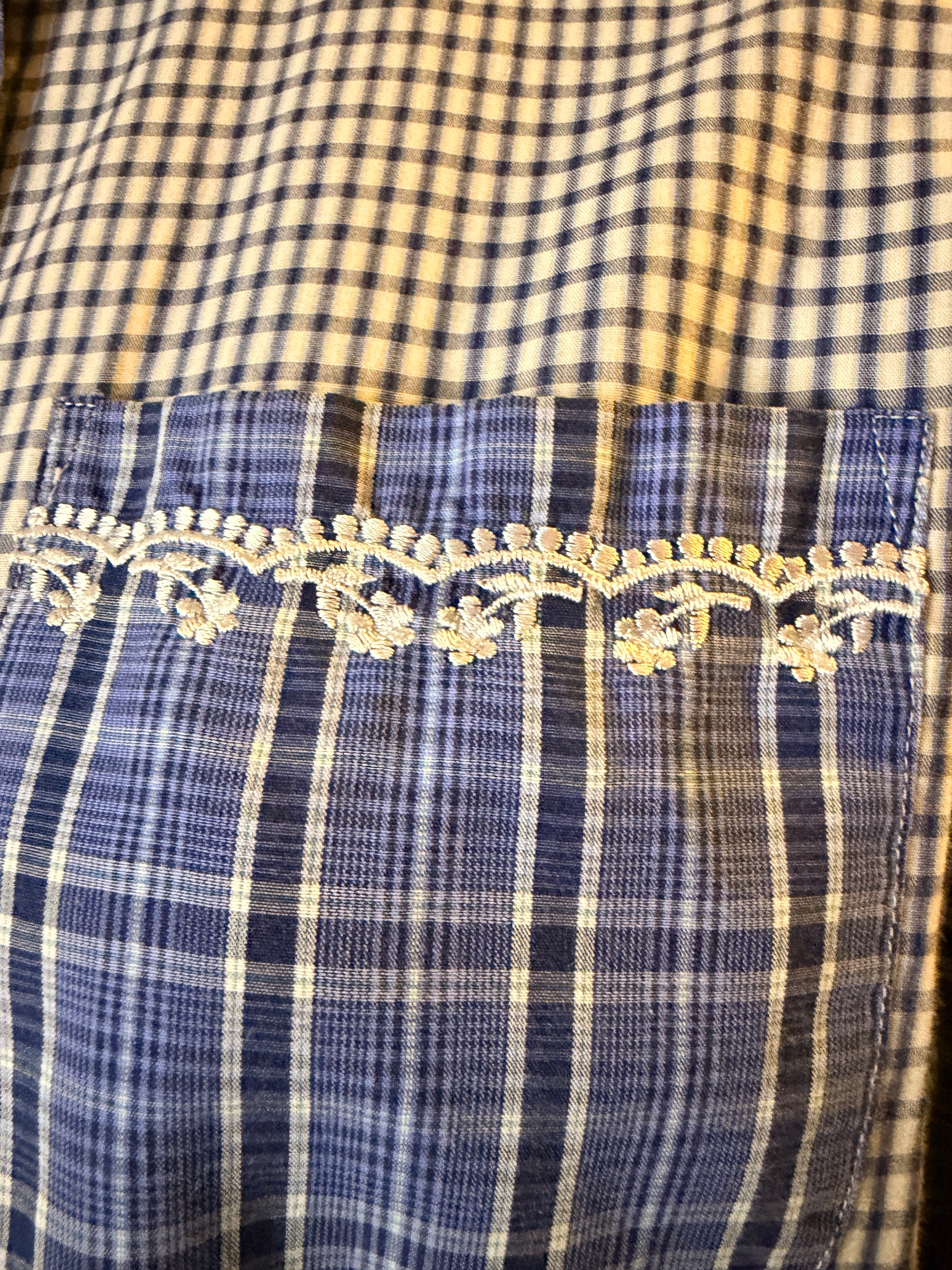 Vintage 1990s Cabin Creek Plaid Shirt Small Embroidered Collar Blue Patchwork Blouse