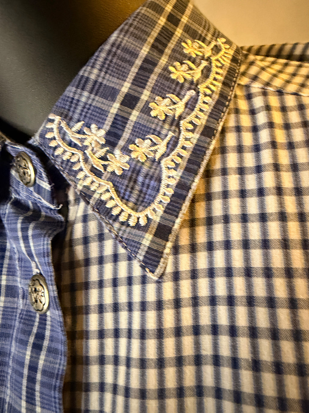 Vintage 1990s Cabin Creek Plaid Shirt Small Embroidered Collar Blue Patchwork Blouse